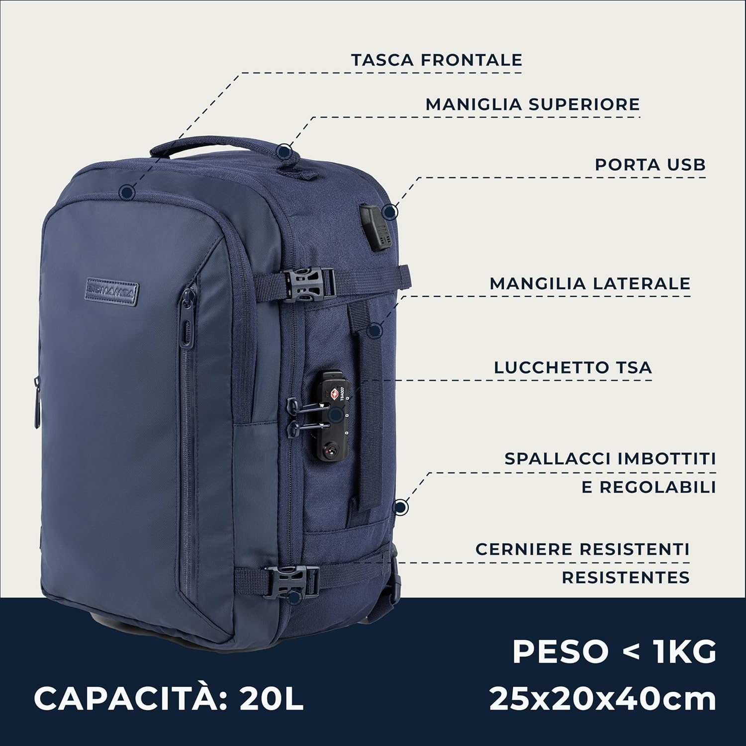 Thumbnail 1 de BidMamba Zaino Bagaglio a Mano 40x20x25 Blu Navy – 20L per Ryanair ed Easyjet