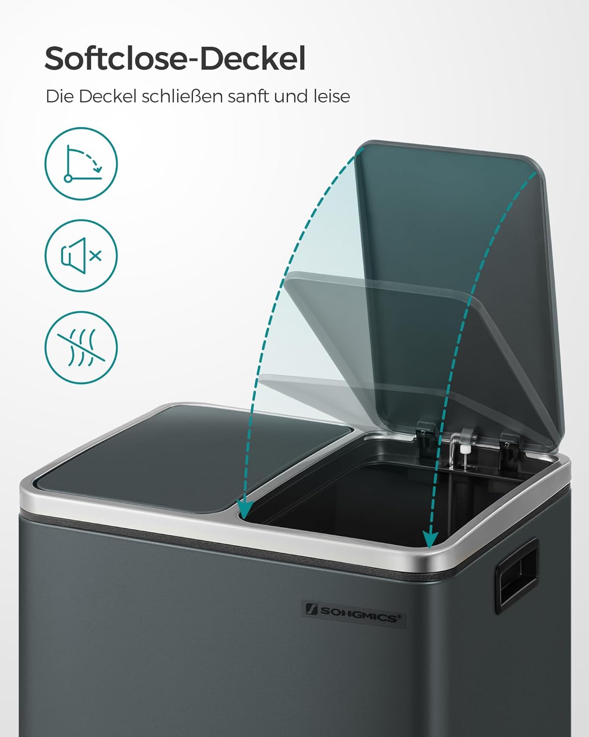 Detalle de SONGMICS Mülleimer Küche 2 x 15 Liter – langlebiges Mülltrennsystem mit Fußpedal, Softclose-Deckel und 15 Müllbeutel, grüngrau LTB30GS