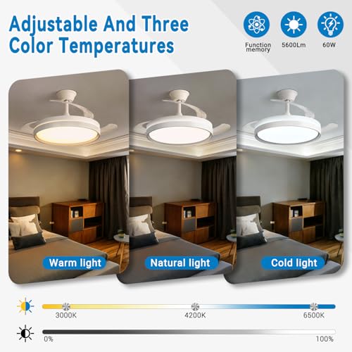 Detalle de EXTRASTAR 106 cm Ventilatore da Soffitto con Luce e Pale Retrattili: Silenzioso, 6 Velocità, Telecomando e Motore DC
