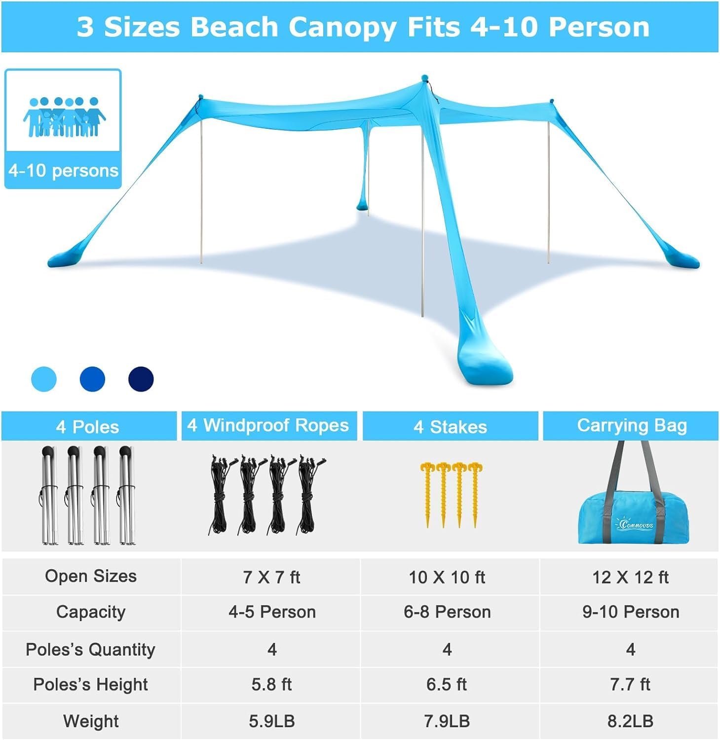 Thumbnail 1 de COMMOUDS Sonnenschutz Strandzelt UPF50+ 3x3 m – Strand mit 4 Aluminiumstangen, Sandsäcke und Tragetasche