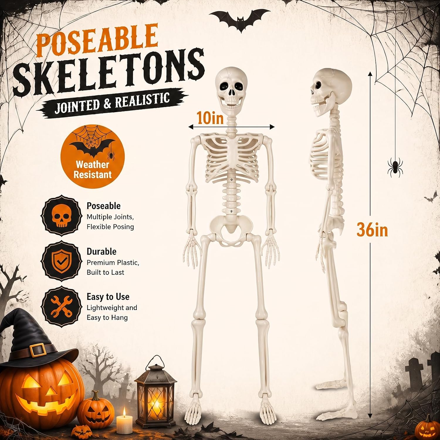 Detalle 2 de Toolterritary WSJKL-1PCS 36-Inch Plastic Halloween Skeleton with Posable Joints
