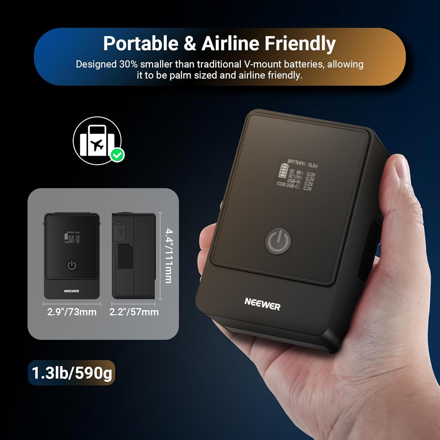 Thumbnail 4 de Neewer Mini V Mount Battery 6800mAh 99Wh (PS099F) with PD 100W USB-C and OLED