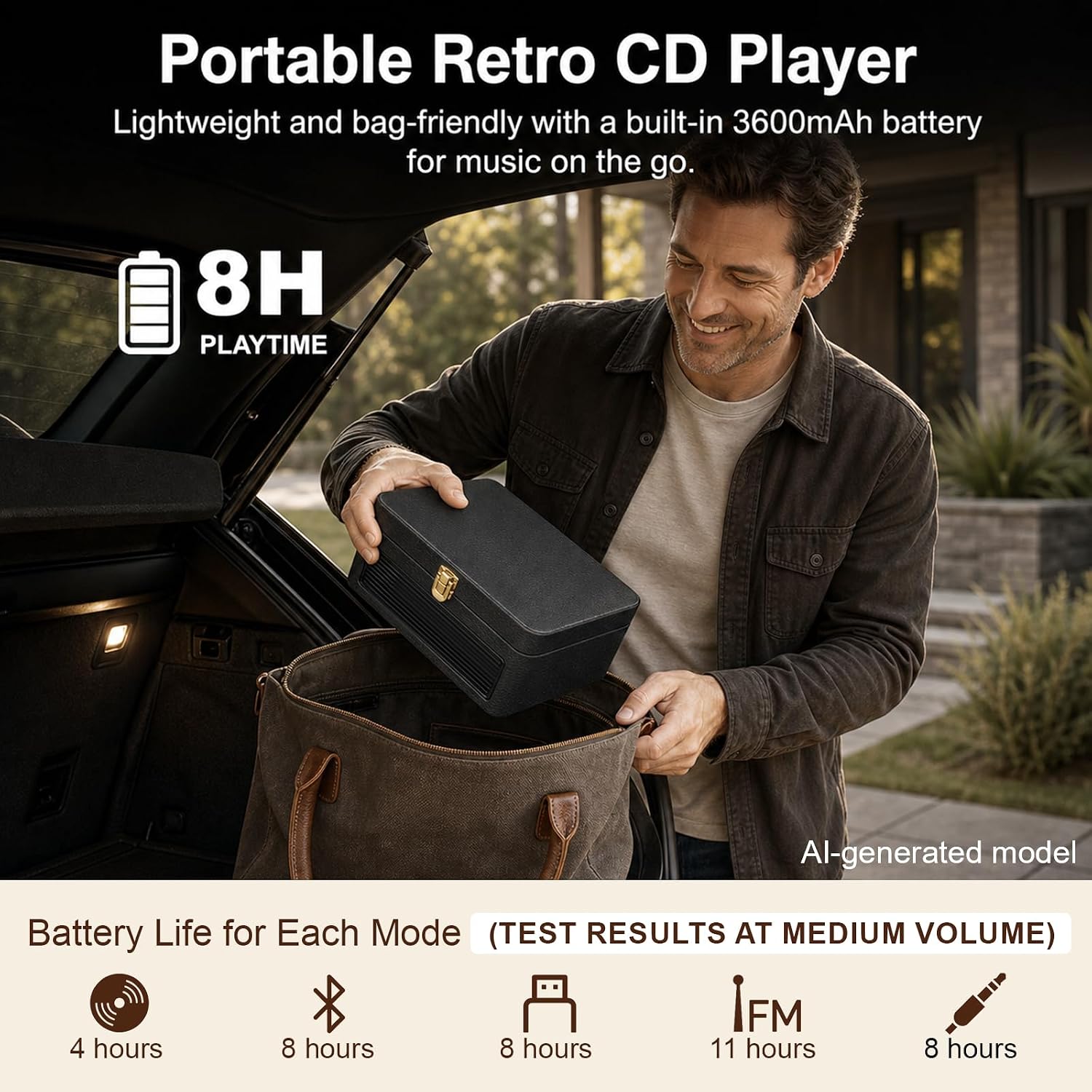 Thumbnail 4 de Gueray Lecteur CD Cuir Portable: lecteur CD vintage avec Bluetooth 5.2 et haut-parleurs 3600 mAh