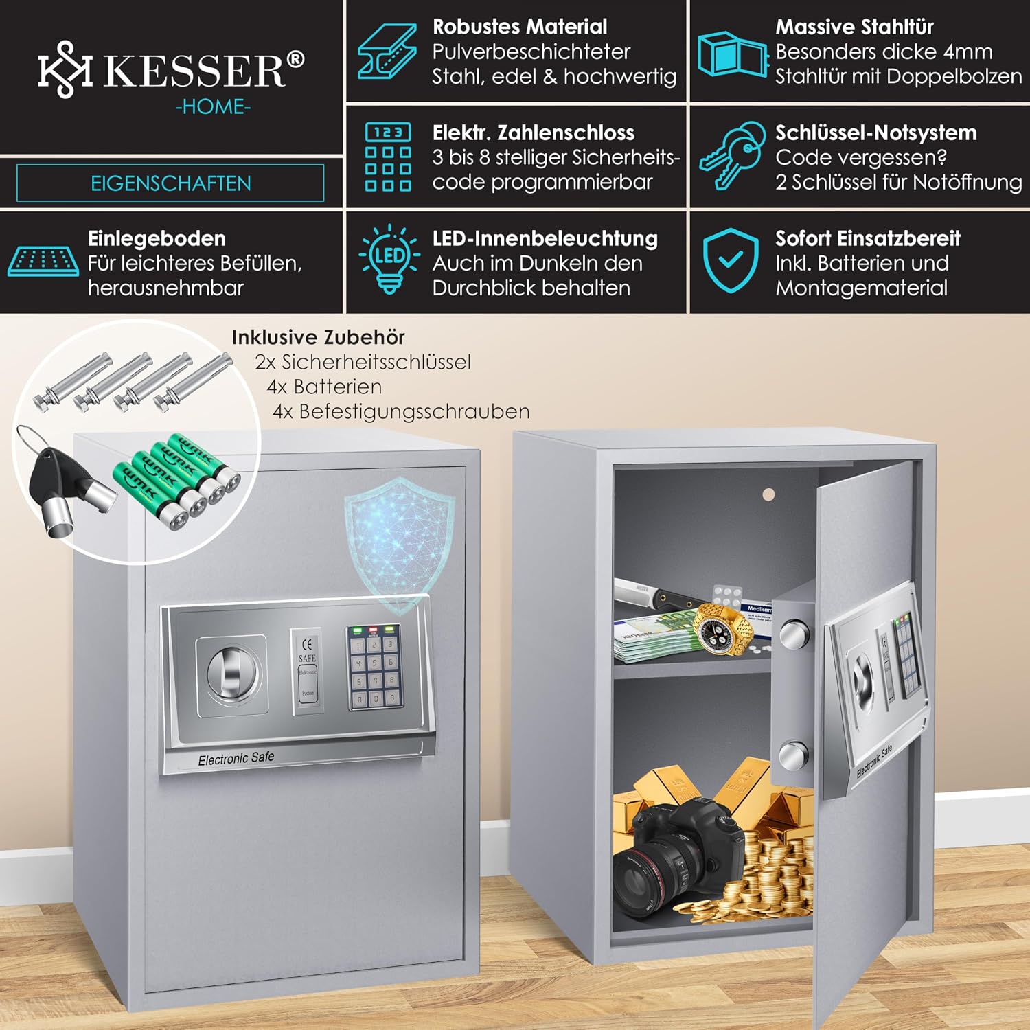 Detalle de KESSER Elektrischer Tresor 50x35x34,5 cm – LED-Anzeige, Doppelbolzenverriegelung, Wand- oder Möbeltresor