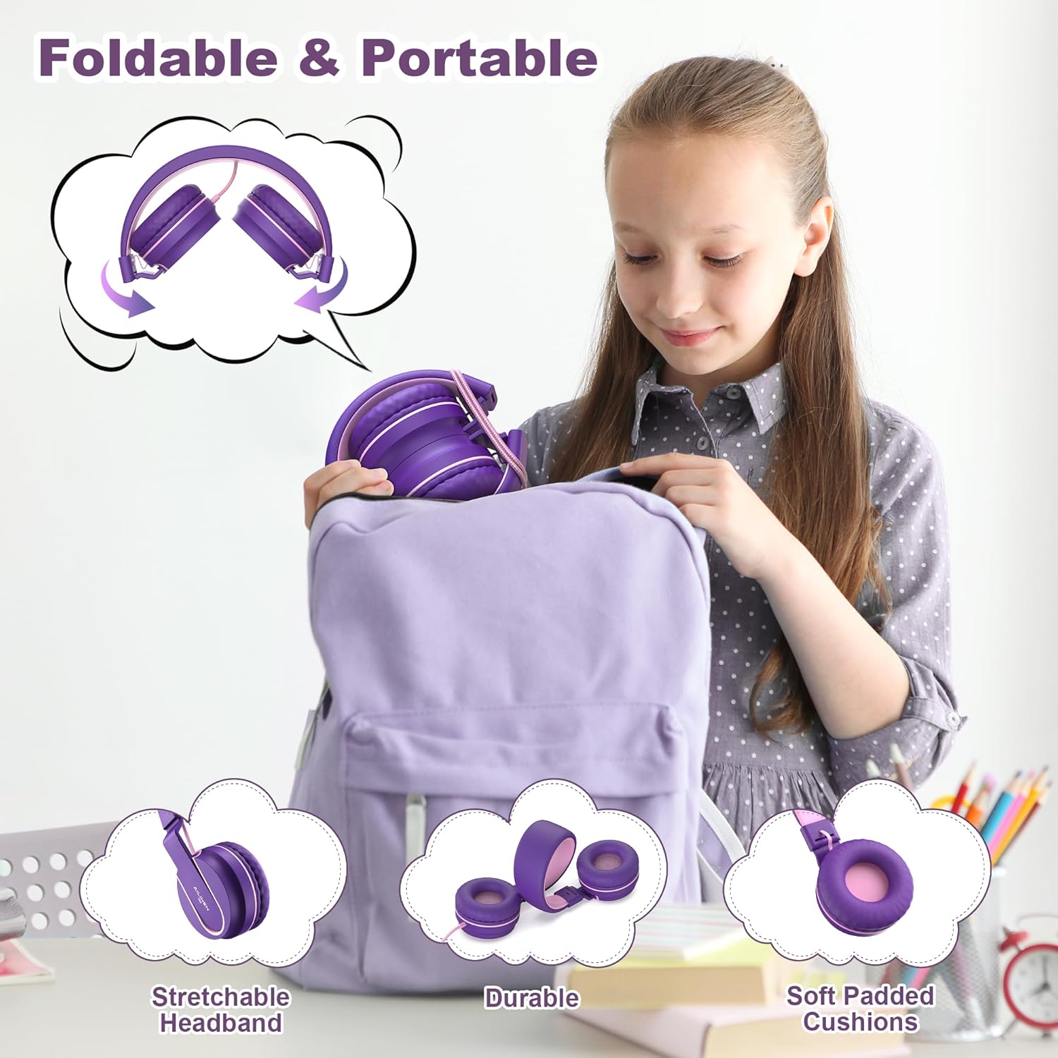 Detalle de Kids Headphones: Wired On-Ear with 93dB Volume Limiter, Foldable & Lightweight