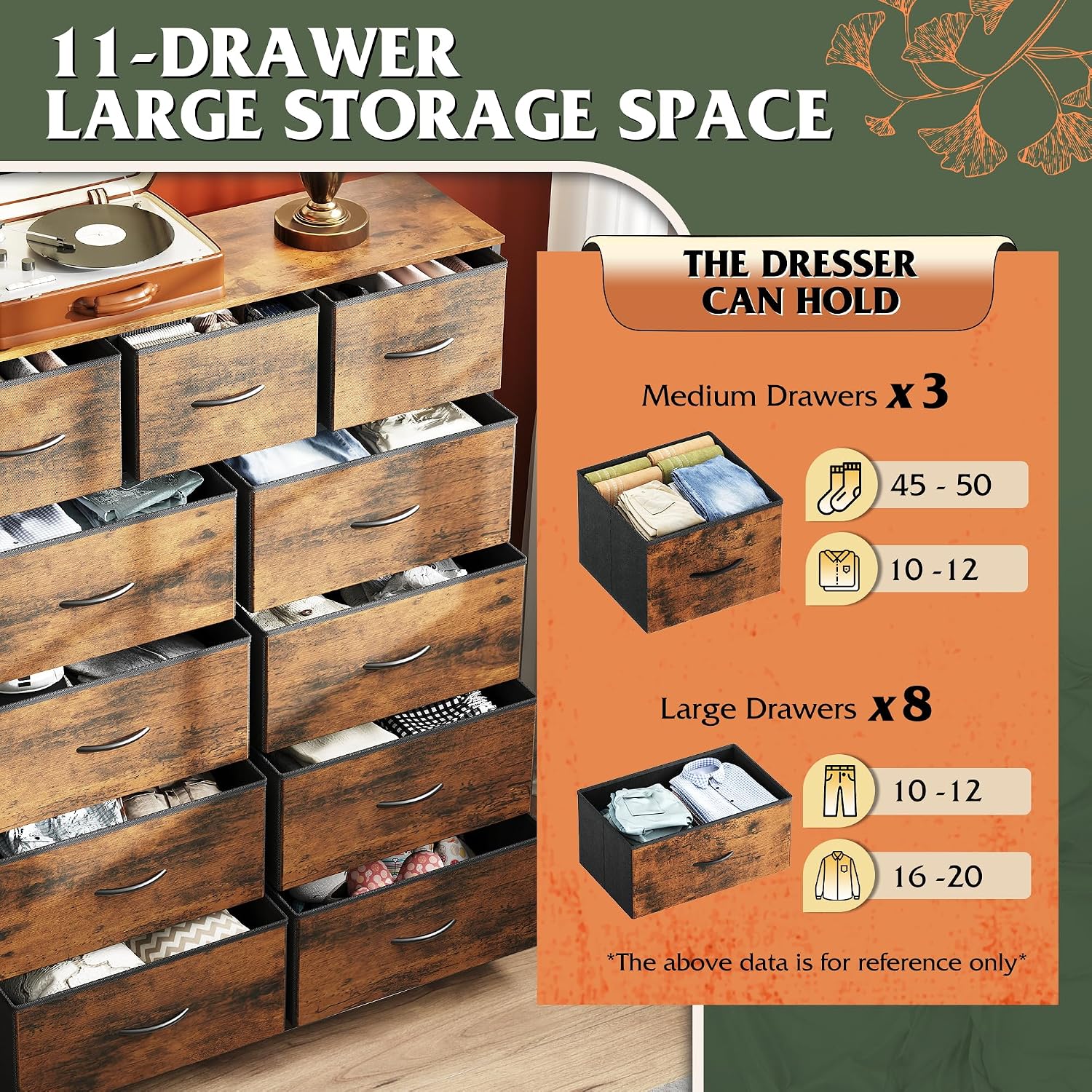 Detalle 1 de WLIVE ASNG203 Tall Fabric Dresser, 11 Drawers, Rustic Brown