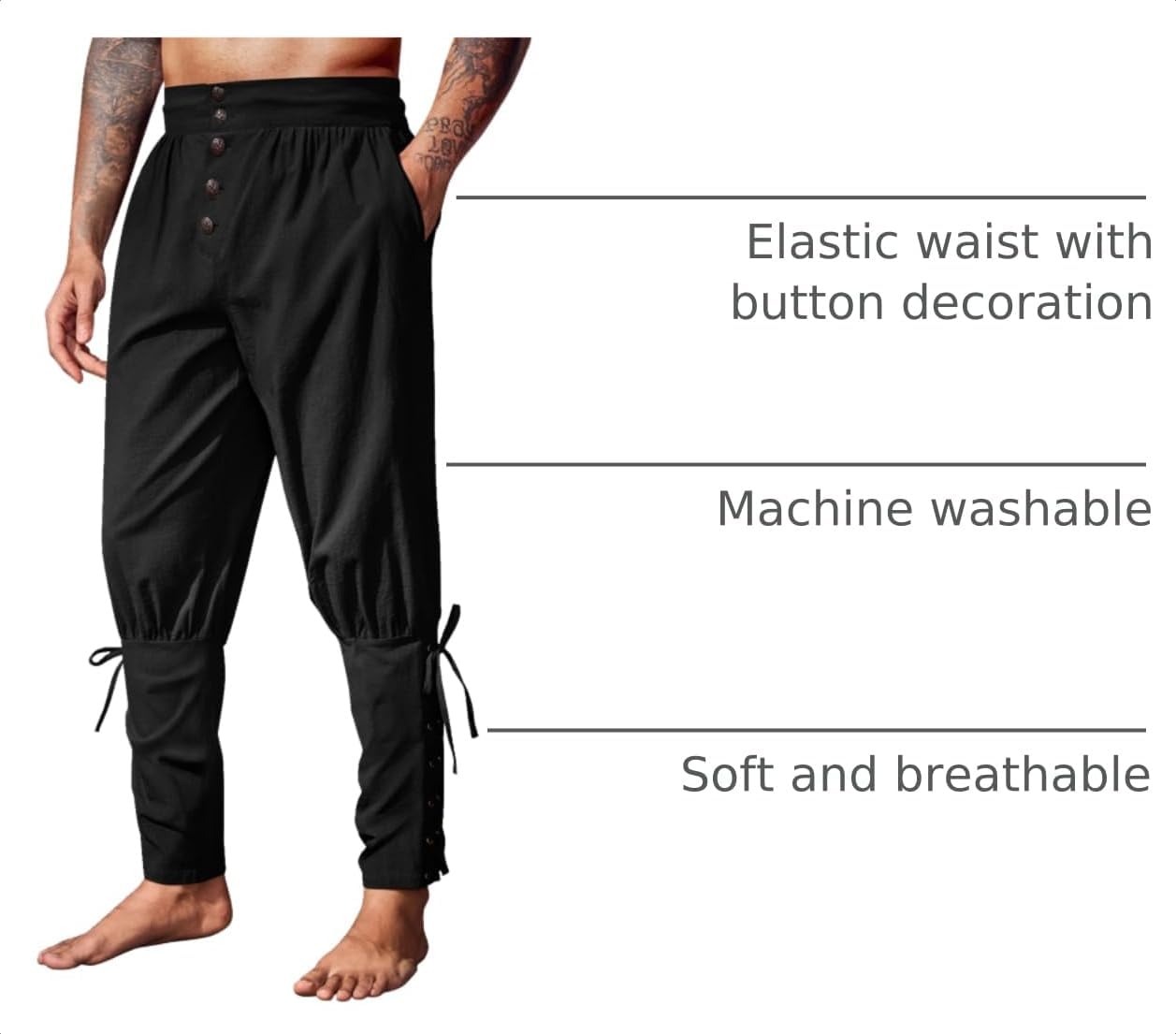 Detalle 2 de Runcati QT1806 Men's Medieval Pirate Pants, Cotton, Lace-Up Cuffs, Side Pockets