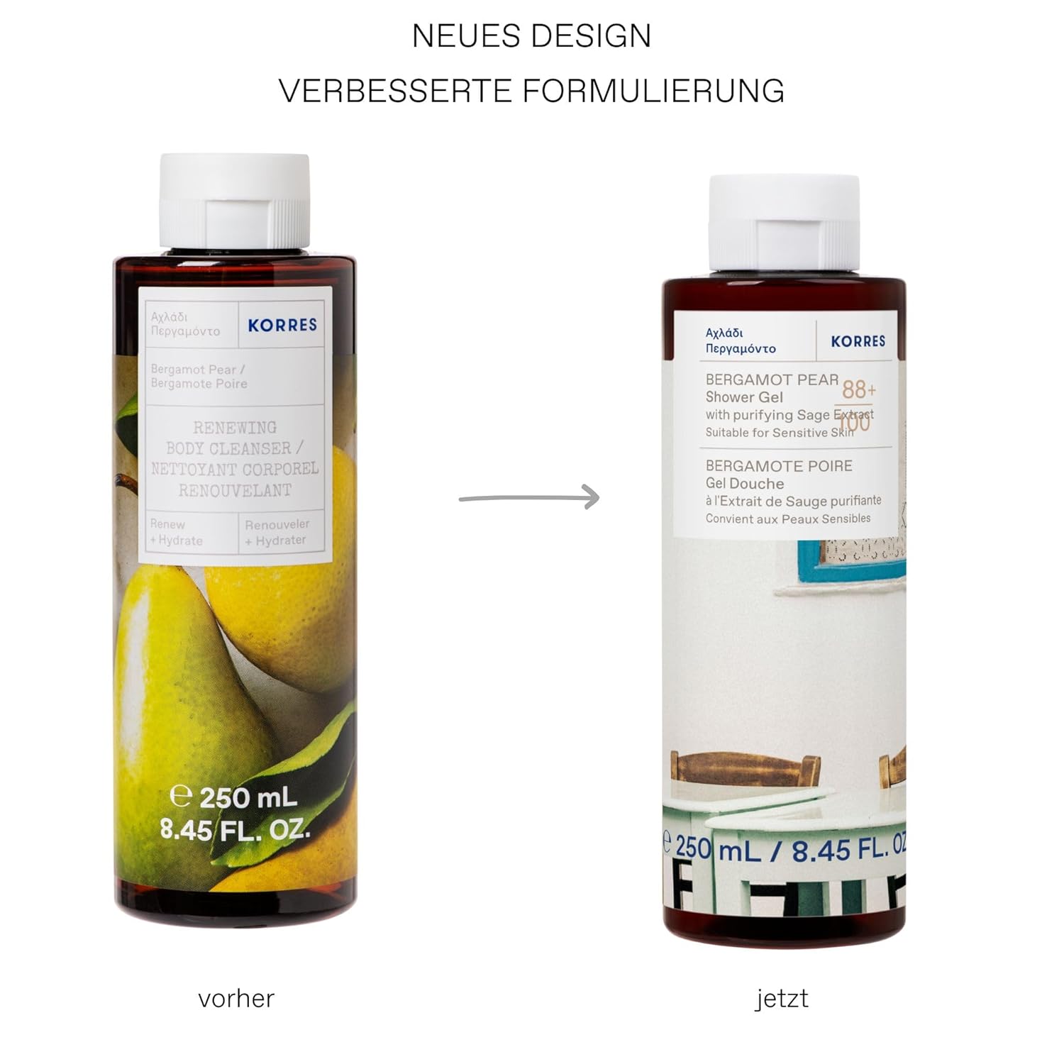 Detalle de KORRES Bergamot Pear Duschgel – sanfte Reinigung mit Salbei-Extrakt, vegan und frei von Silikonen & Parabenen (250 ml)