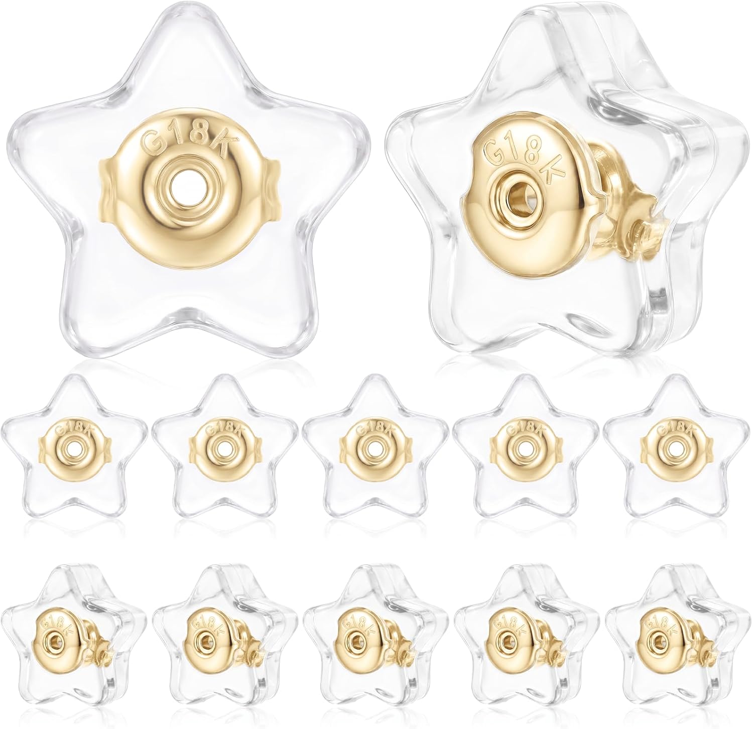 Detalle de JUNCHONG JC-WJX-silicone earring backs, Star-Shaped Locking Stud Backs, 18K Gold-Plated, 12-Pack