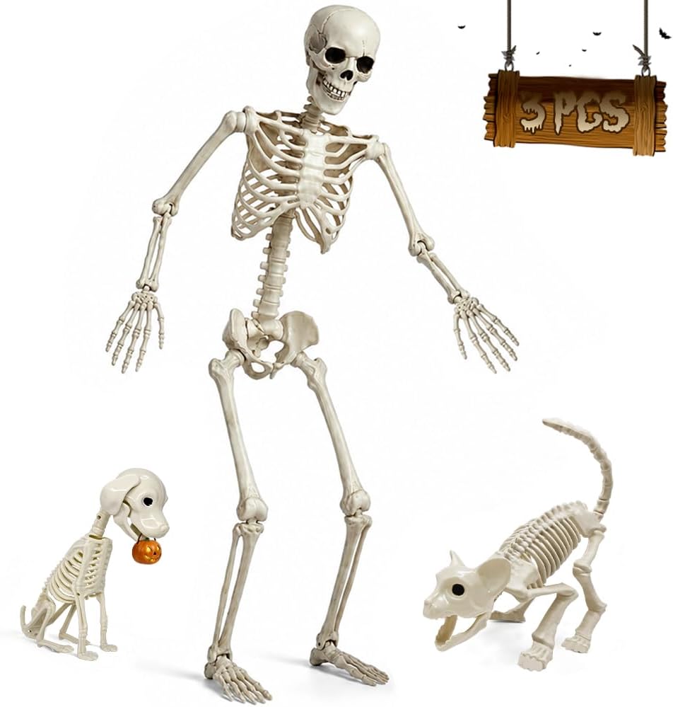 Detalle de UMEELR 5.4-Foot Halloween Skeleton Set with Poseable Human, Cat and Dog Figures