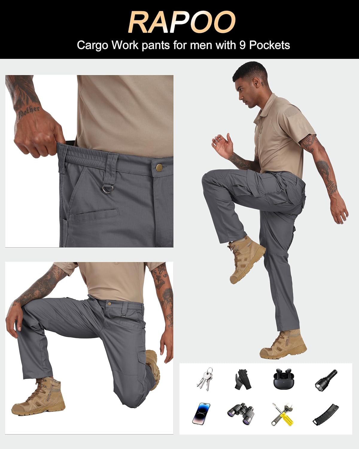 Thumbnail 5 de Rapoo Tactical Ripstop Water-Repellent Cargo Pants for Men with 9 Pockets