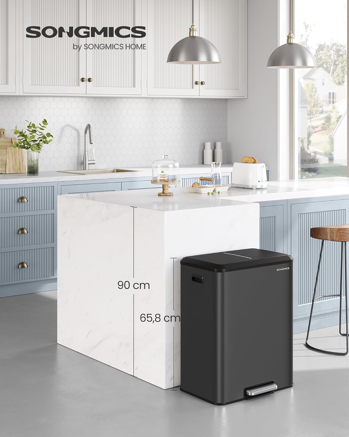 Detalle de SONGMICS LTB566B02 – Poubelle de cuisine double 2 x 30 L avec pédale, fermeture douce et seaux intérieurs