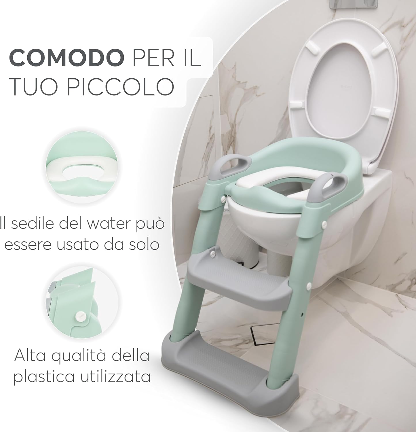 Detalle 2 de KikkaBoo Riduttore WC bambini con scaletta LEA – Educatore da toilette, pieghevole e regolabile, design anatomico, imbottitura rimovibile, maniglie, antiscivolo, 18+ mesi, colore Menta