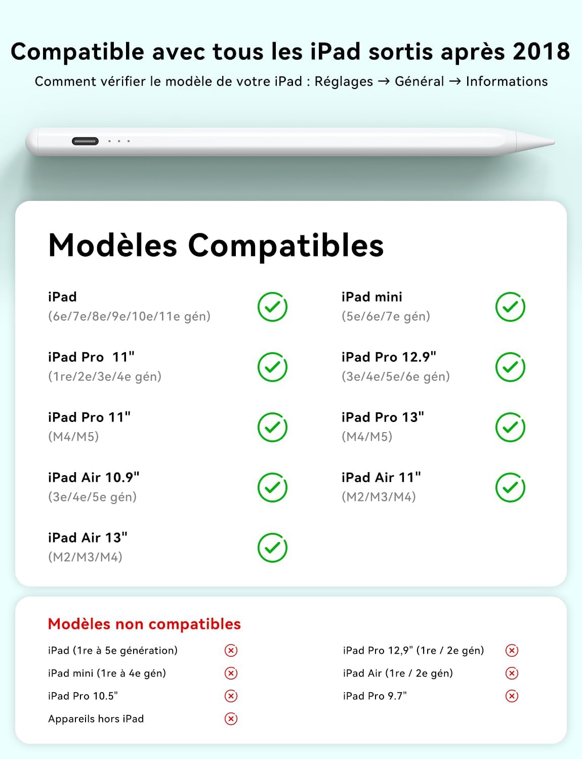 Detalle de Stylet HJCE USB‑C pour iPad compatible Apple Pencil (iPad 6 à 11, Air, Pro, Mini) — écriture précise et prêt à l’emploi