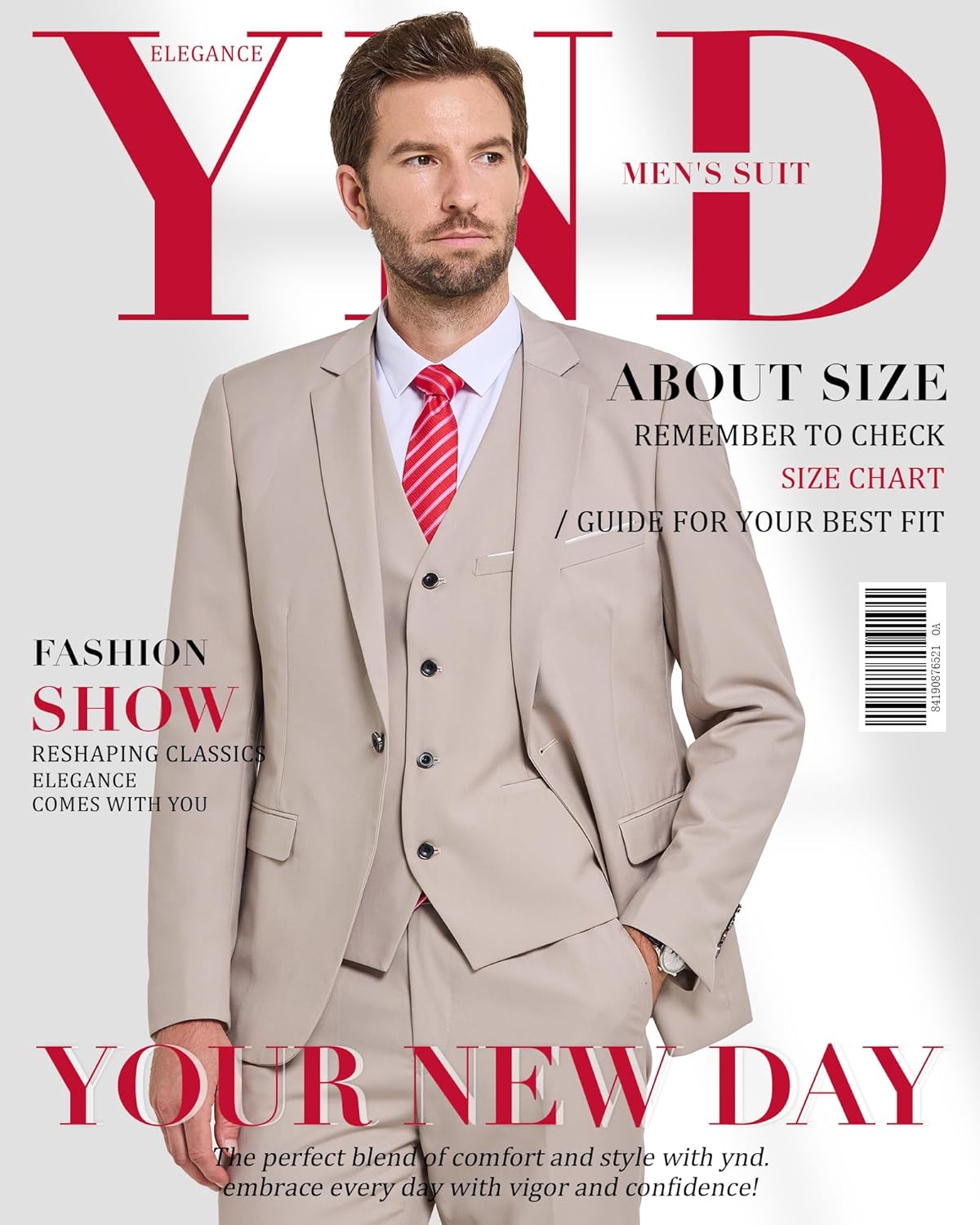 Thumbnail 6 de YND Men’s Slim Fit 3-Piece Suit Set (One-Button Blazer, Vest, Pants) with Matching Tie