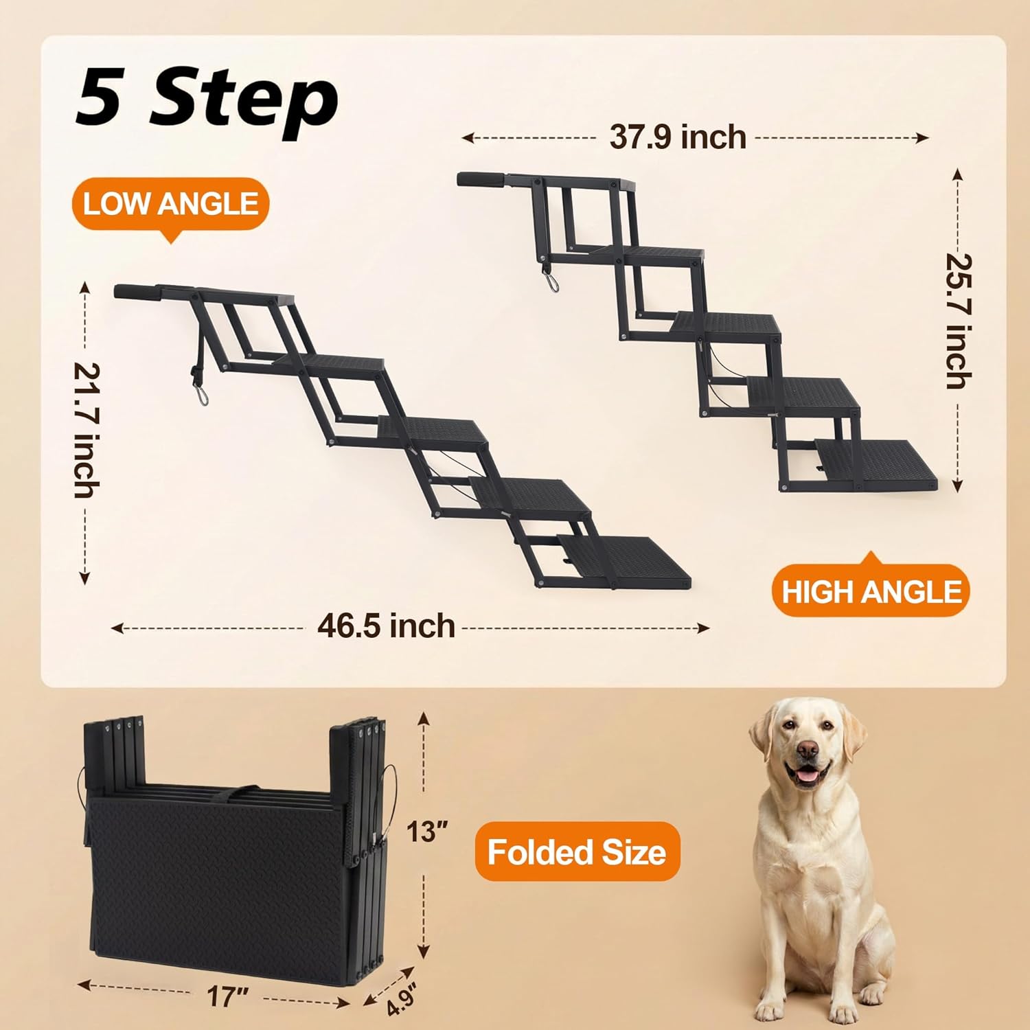 Thumbnail 3 de Hundetreppe Auto klappbar mit 5 Stufen (bis 90 kg) – faltbare Hundeleiter für Gelenkschonenden Einstieg ins Auto