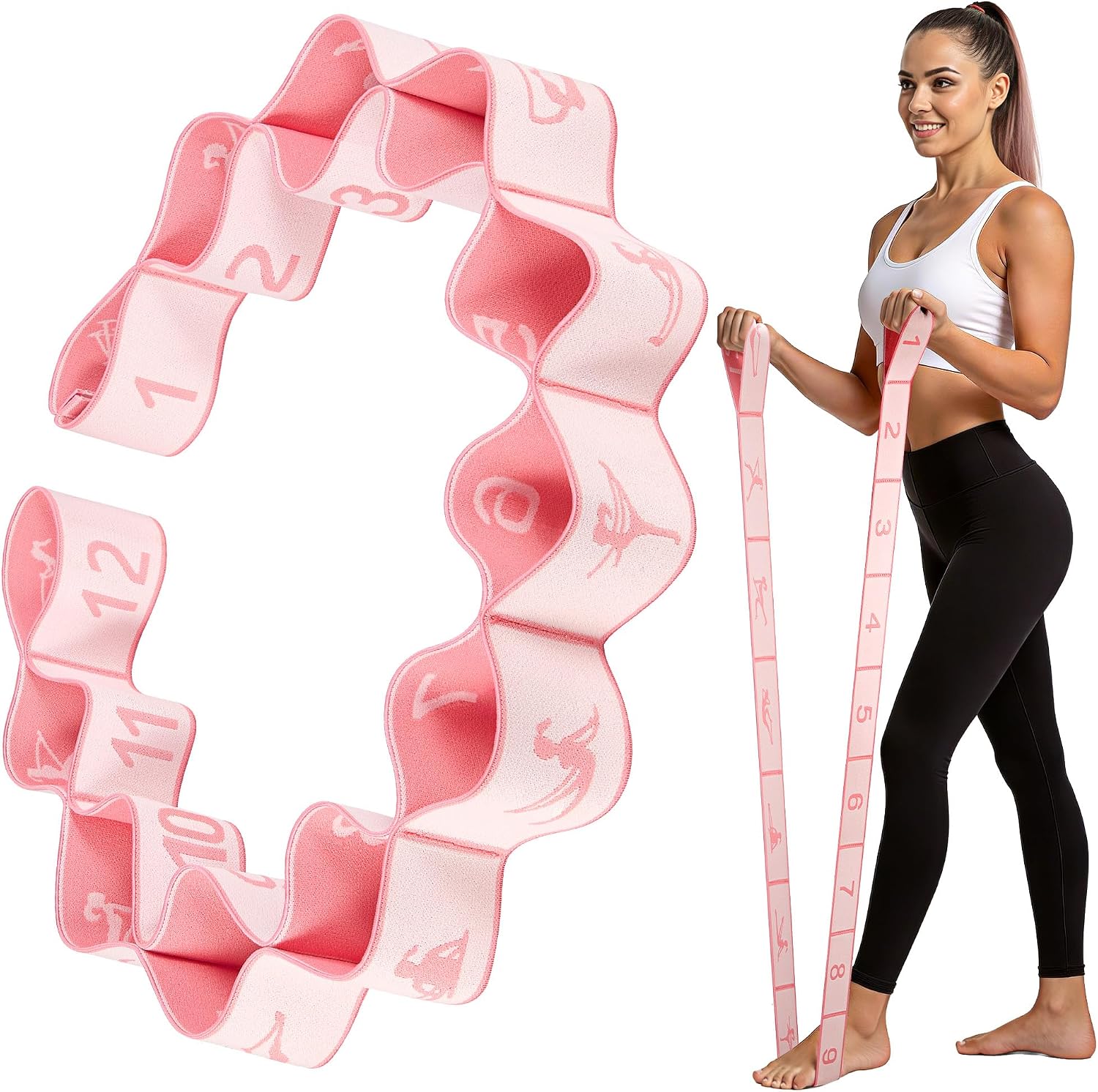 Detalle de GHCTFE Stretch Bands for Exercise, 12-Loop Numbered Yoga Strap, Pink