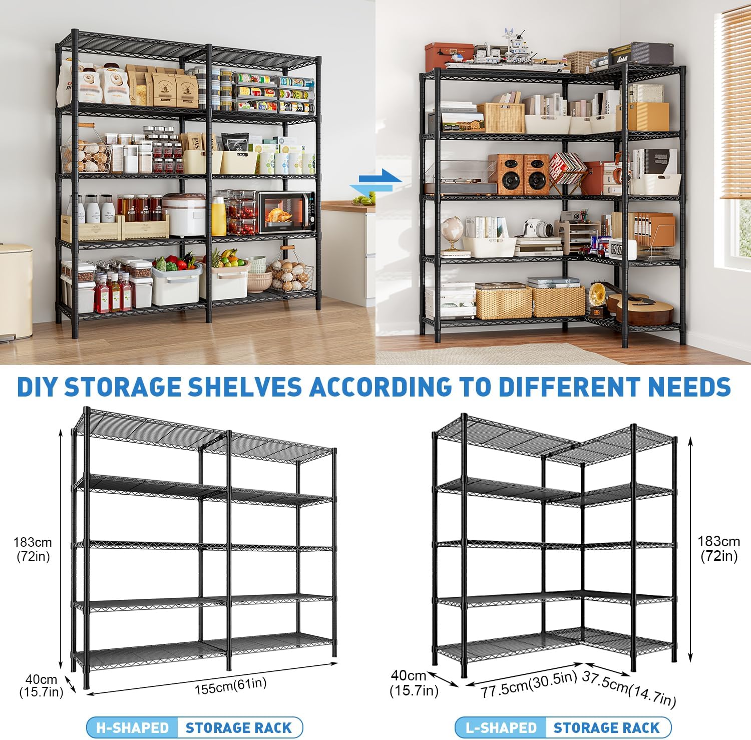 Detalle 2 de CAVSOIR 5-Tier Wire Shelving Unit, 61-Inch Wide Adjustable Black Metal Rack