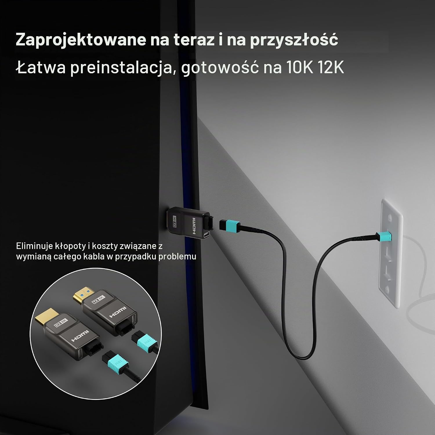 Detalle de RUIPRO SNPF21GEN4AK-20 – światłowodowy kabel HDMI 2.1, 20 m, 48 Gb/s, odłączany
