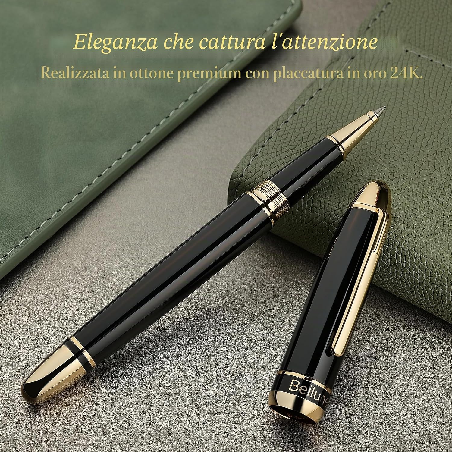 Detalle 2 de BEILUNER 315 Penna Rollerball di Lusso – finitura Oro 24K, laccatura piano nera, set regalo per professionisti