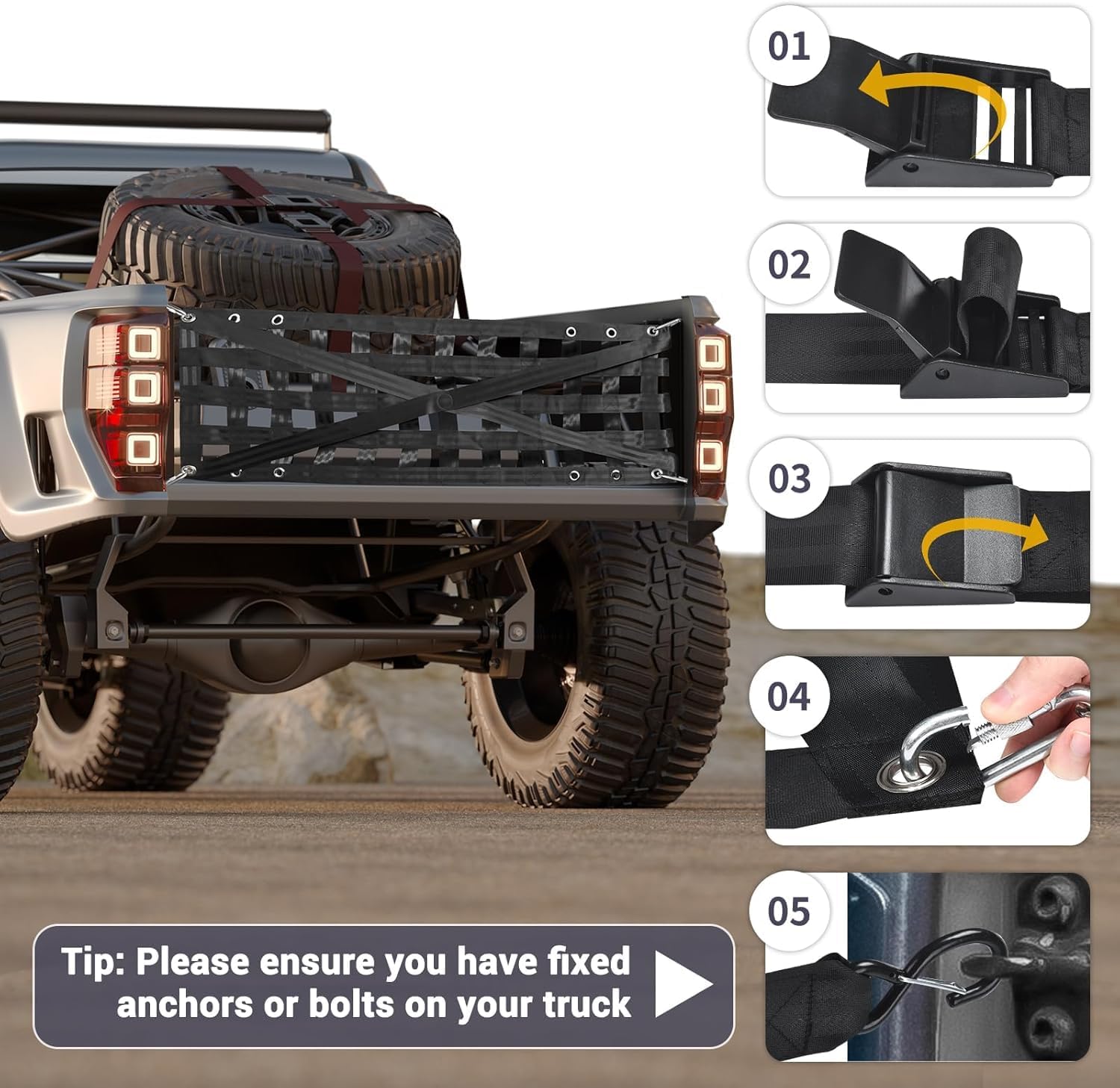 Thumbnail 6 de Heavy Duty Heckklappe Netz für LKW-Bett – Cargo Net mit 4 verstellbaren Riemen und Karabinerhaken