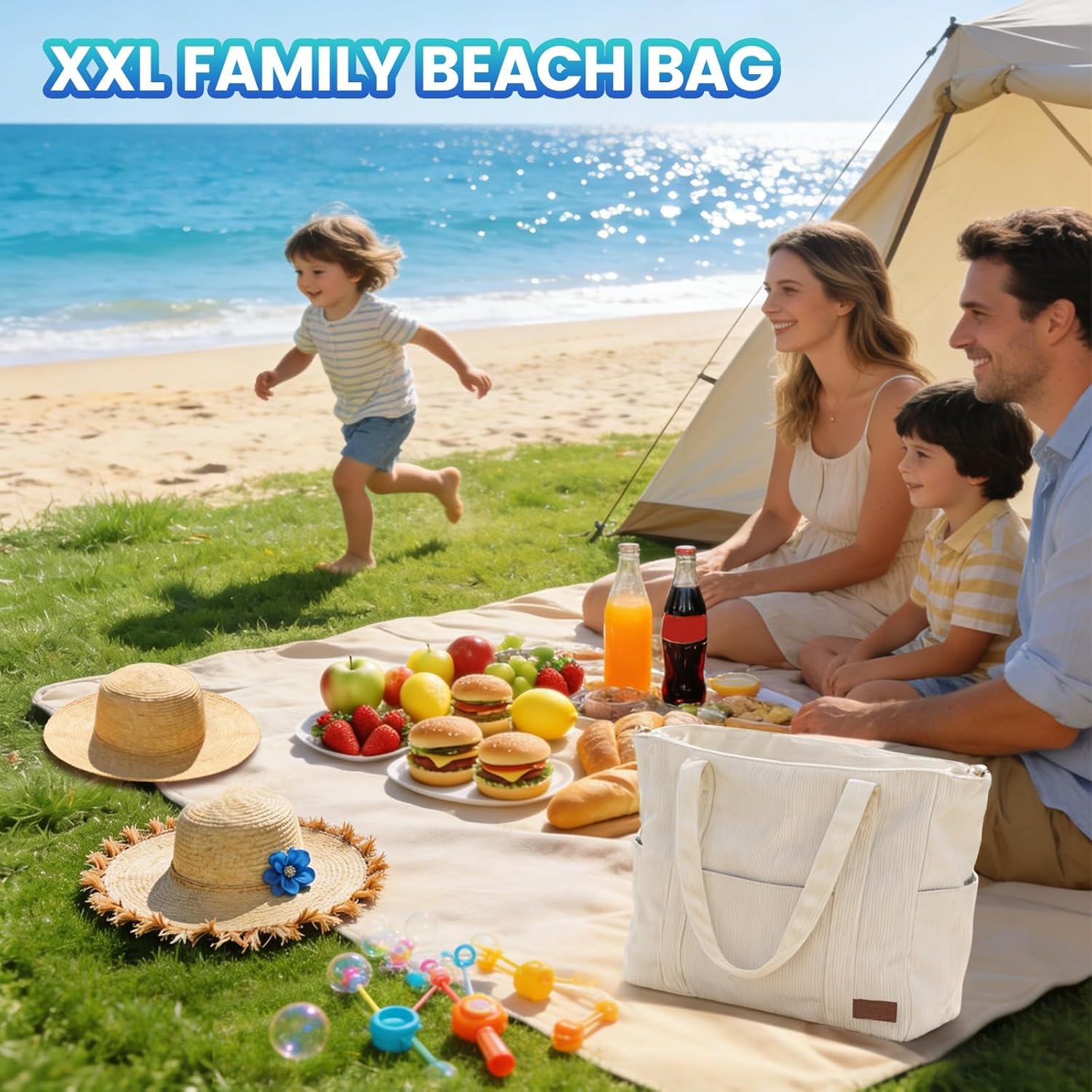 Detalle 2 de Virape Strandtasche XXL Familie mit Reißverschluss – Wasserdichter Innenraum, Kordelstoff, 42×39×18 cm
