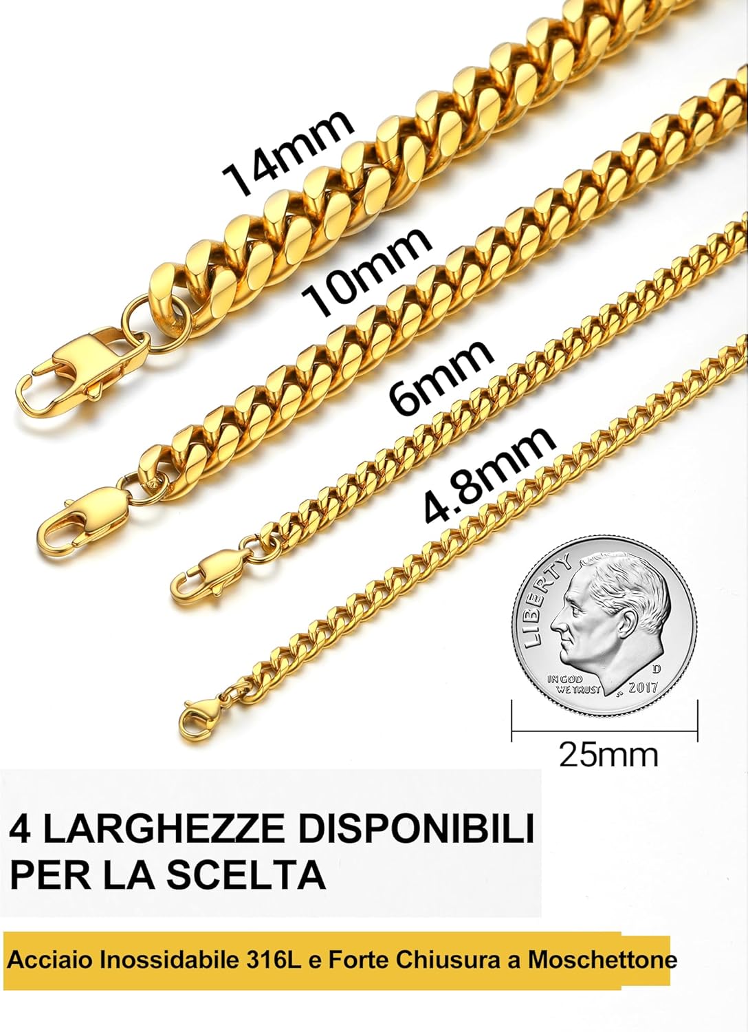 Thumbnail 3 de PROSTEEL Bracciale da Uomo in Acciaio Inossidabile e Placcatura Oro – Catena a Maglie 4,8–14 mm, lunghezze 16–21 cm