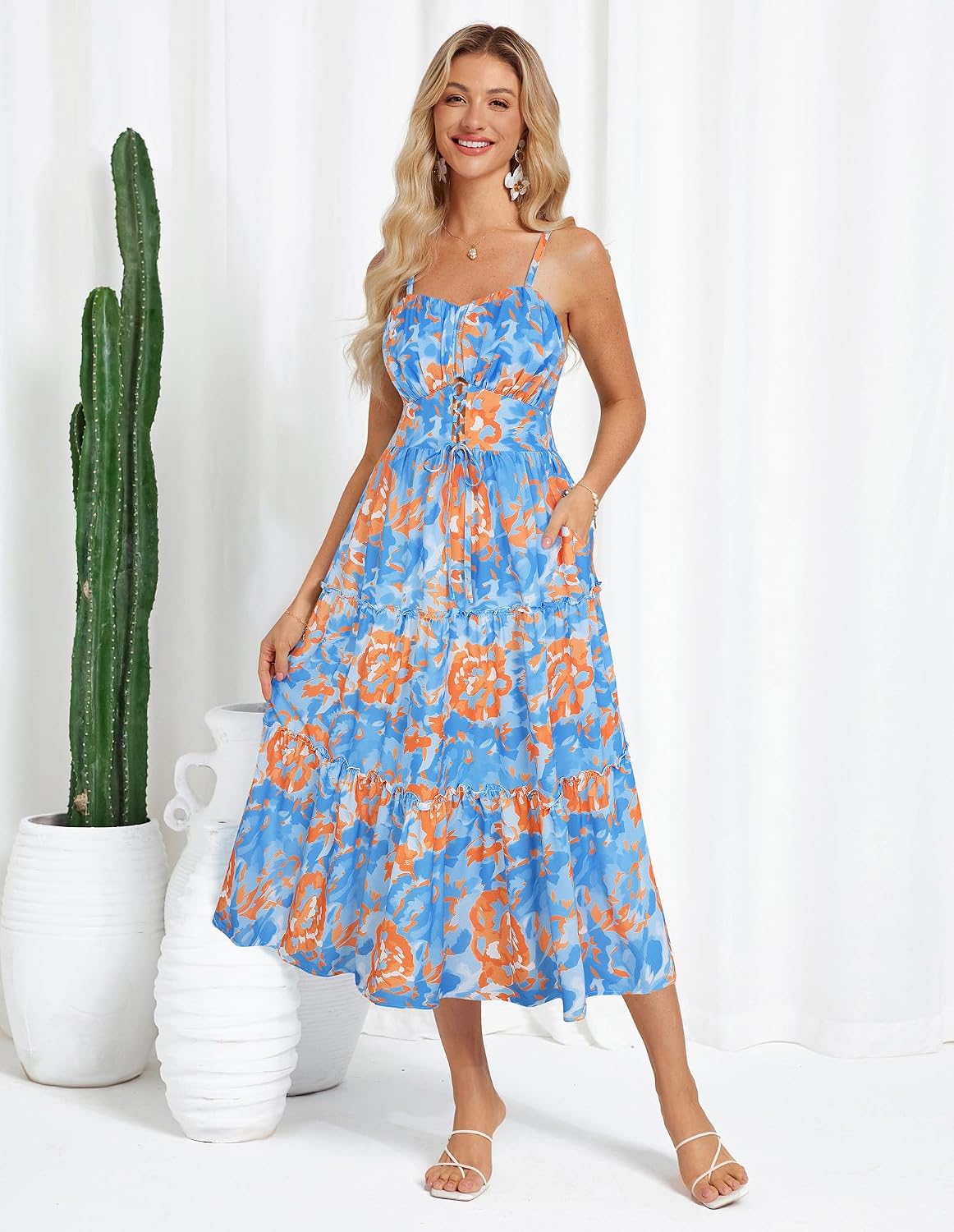 Detalle 2 de GRACE KARIN Robe d'été pour Femme – robe florale A-Line à bretelles avec poches
