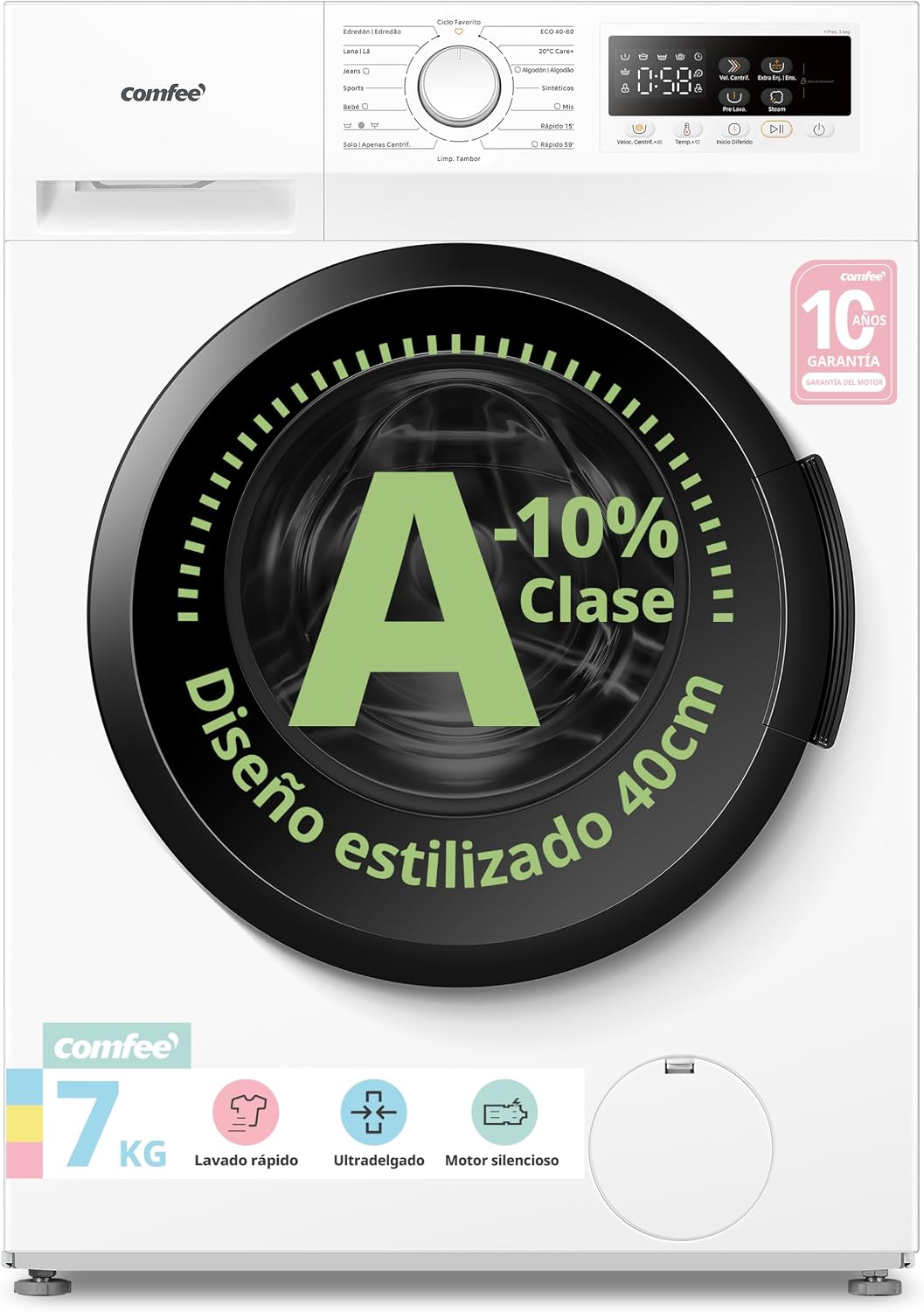 Detalle de Comfee Lavadora 7 kg CFP01EW70W Ultra Slim 40 cm - A-10%