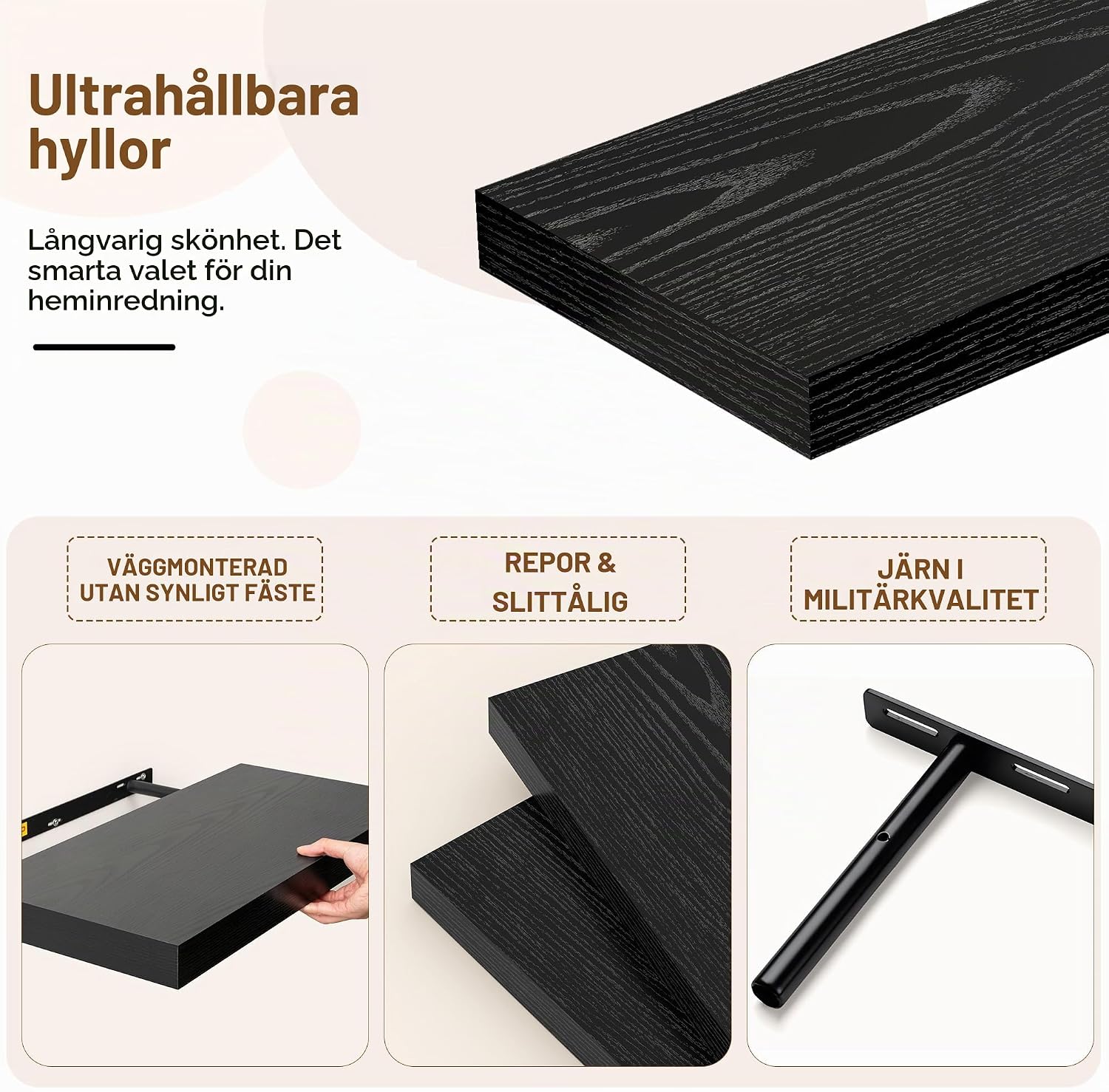 Detalle 1 de Feihorrm FHS1UK-FS-N5 flytande vägghyllor, 91 cm, 30,5 cm djupa, svarta, 2-pack