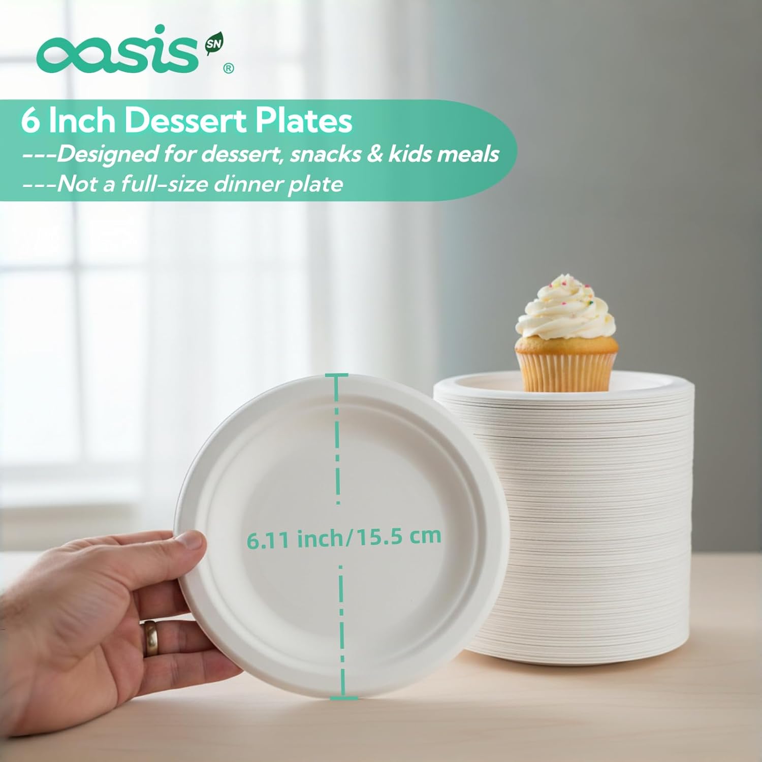 Detalle 2 de OasisSN 6 Inch Paper Plates (128 Pack) — Compostable Sugarcane Bagasse Dessert Plates for Cakes, Snacks & Kids Meals
