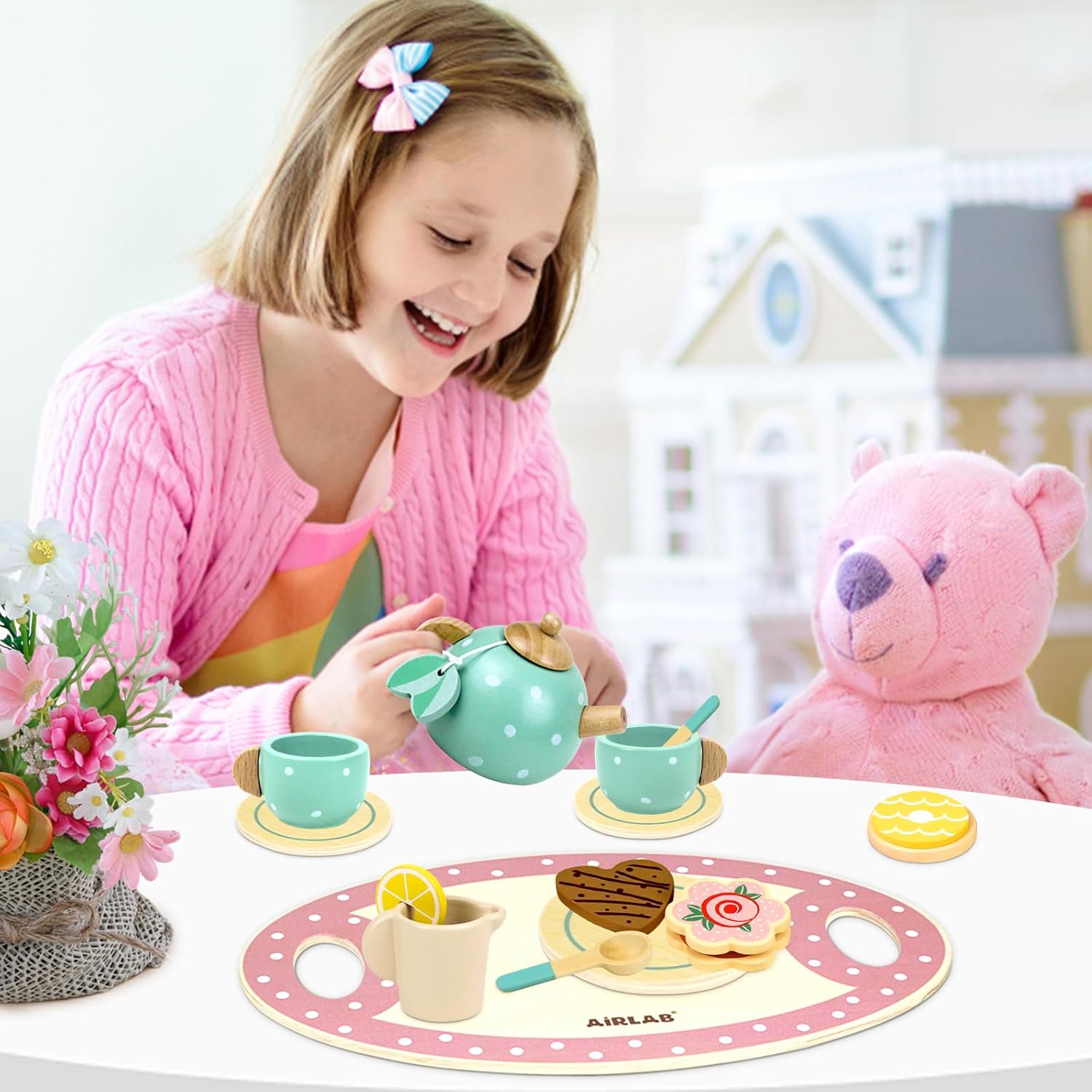 Detalle 2 de Airlab Wooden Tea Set – Afternoon Tea Party Set for Toddlers (pretend play kitchen accessories)
