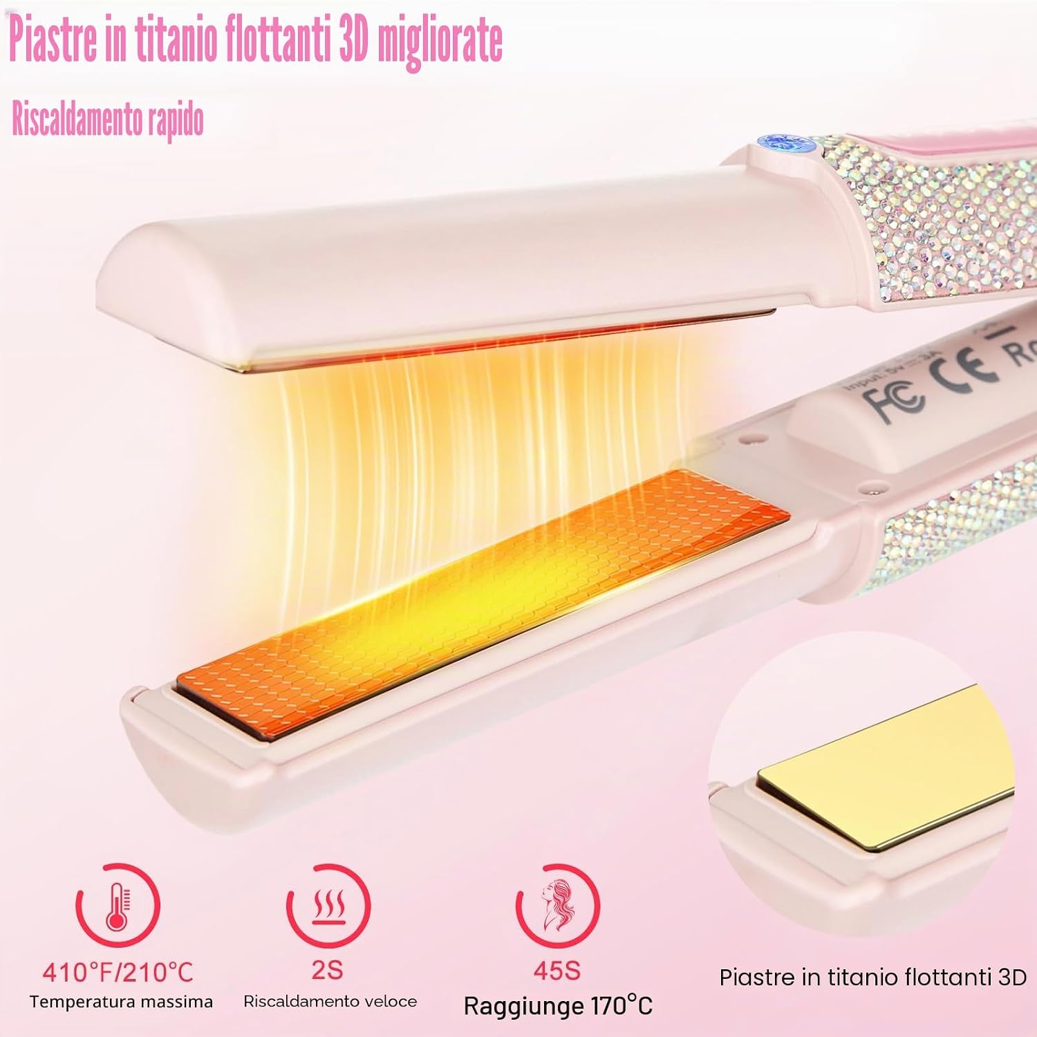 Detalle de HUAJUN Piastra Capelli Senza Fili 5000mAh 2 in 1 mini (titanio): 3 temperature e spegnimento automatico
