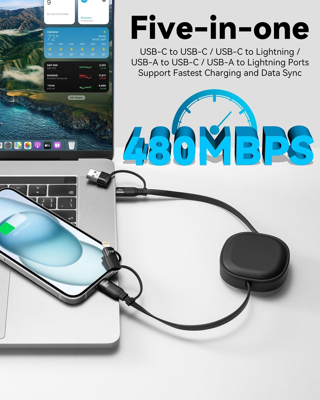 Detalle 2 de Minlu 5‑in‑1 Retractable USB Charging Cable 60W 🔌