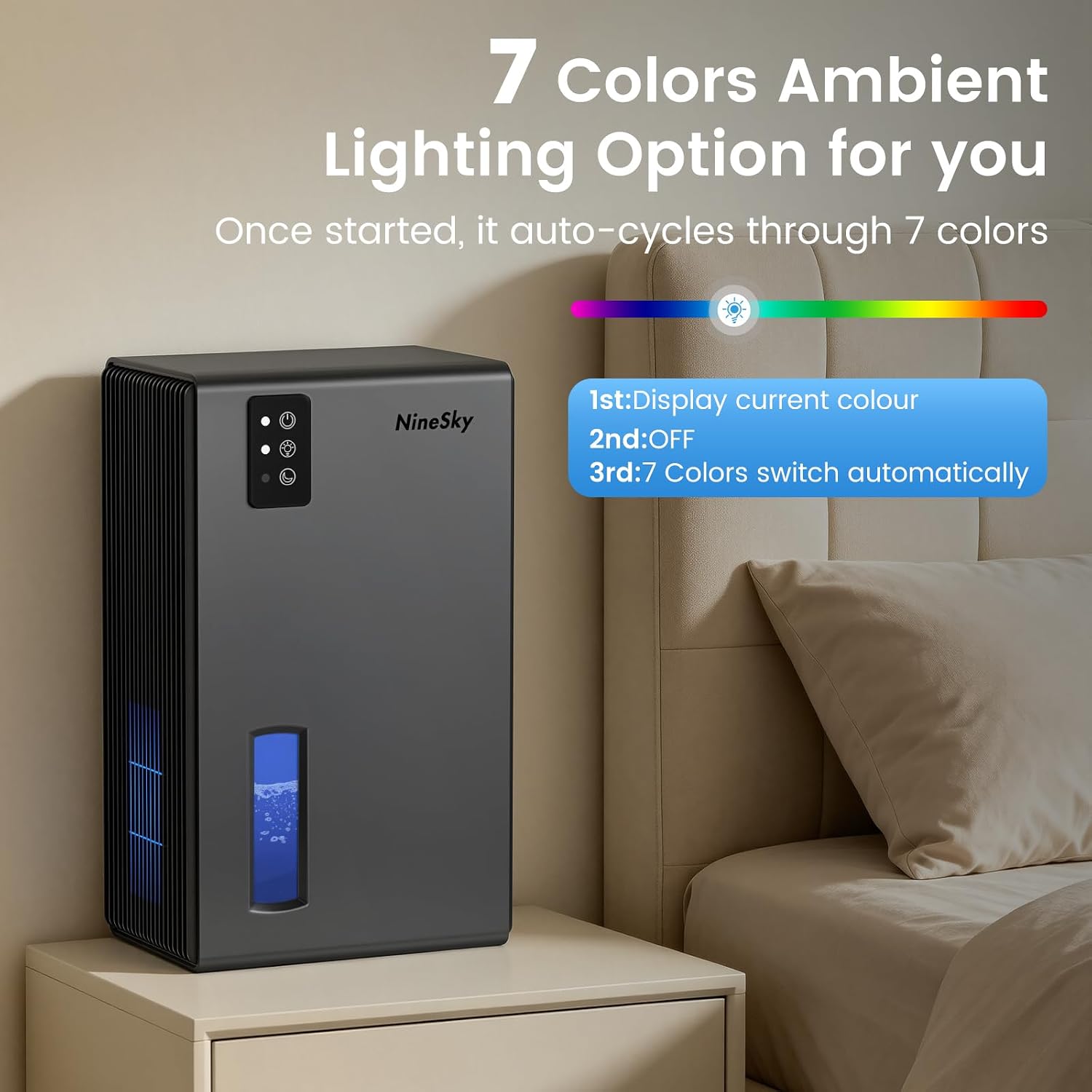 Thumbnail 6 de NineSky 1000 Sq Ft Dehumidifier with 95 oz Tank — Quiet, Auto Shut-Off, and 7-Color Ambient Light