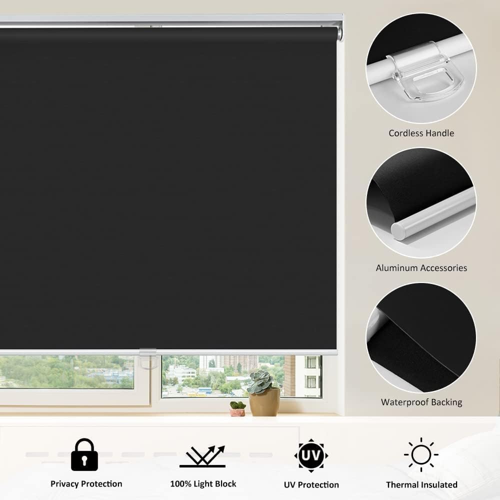 Detalle de KCO Cordless Blackout Roller Blind, 40" x 72", Black Polyester
