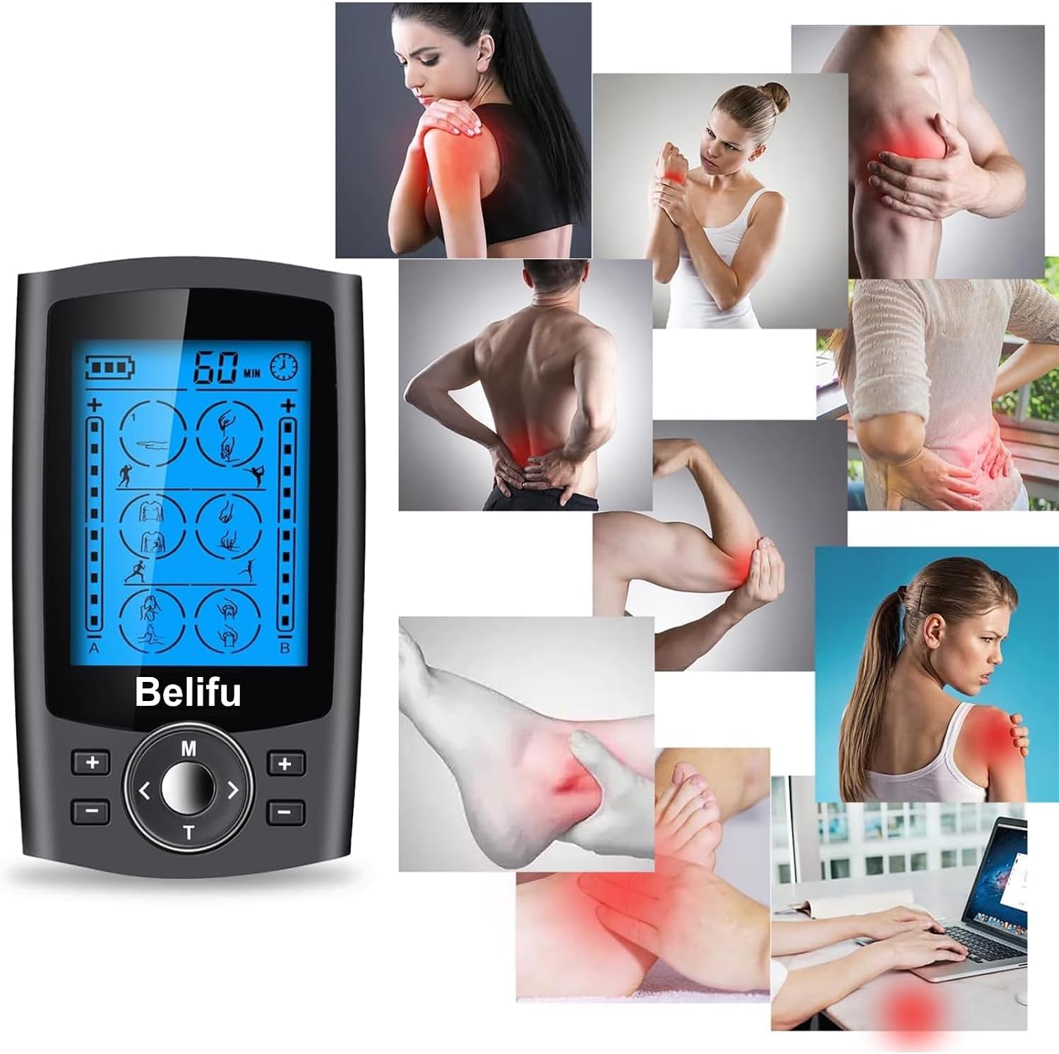 Detalle 2 de Belifu SM9126 Dual-Channel TENS EMS Unit with 24 Modes and 12 Pads