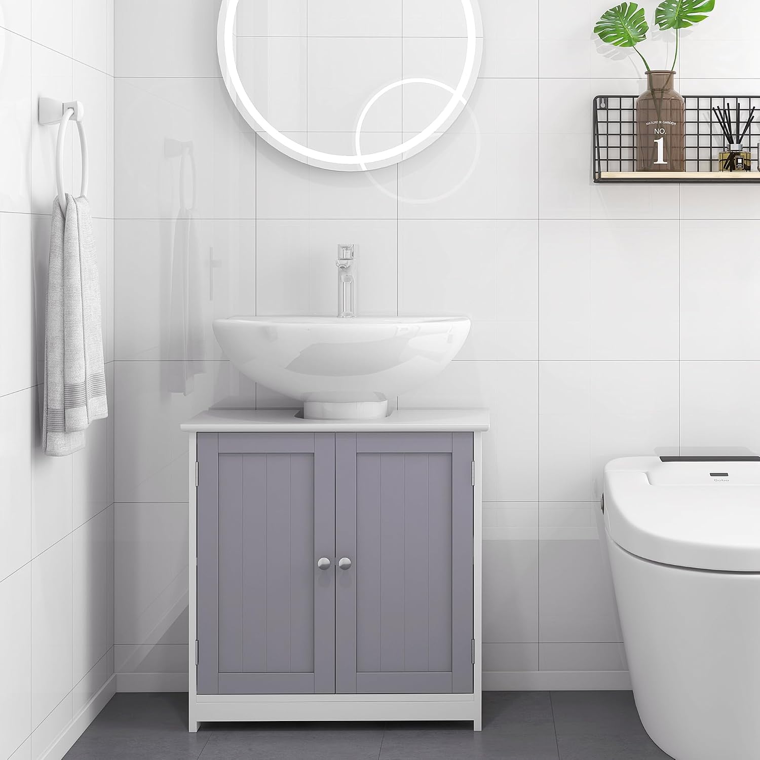 Thumbnail 6 de Meuble salle de bain sous lavabo kleankin (placard 2 portes avec étagère) en MDF gris & blanc
