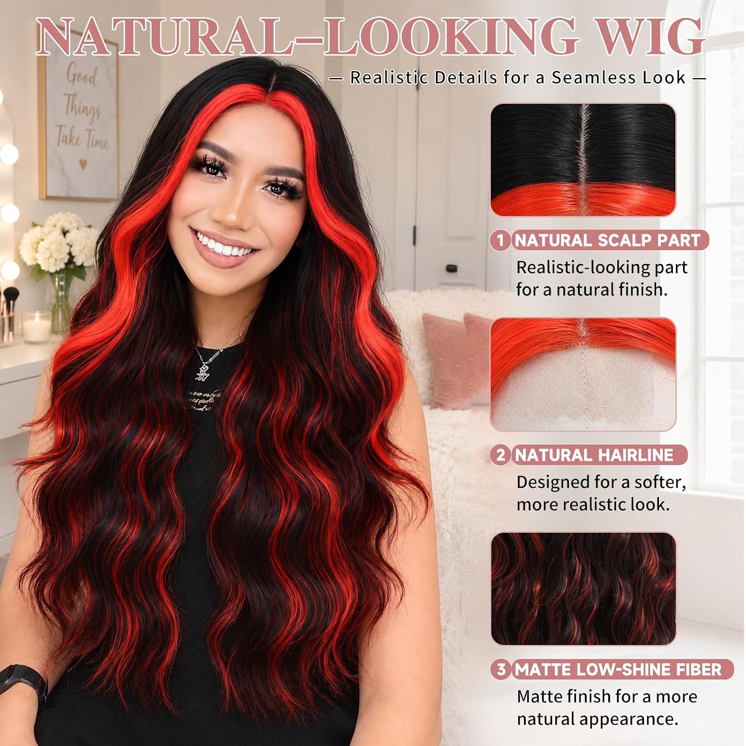 Detalle de NAYOO 26-Inch Black and Red Wavy Synthetic Wig for Women
