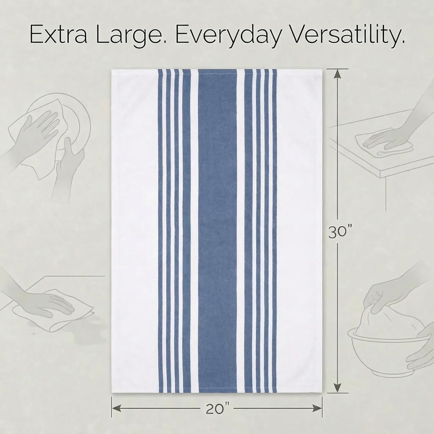Detalle de Urban Villa Kitchen Towels Set (Blue & White Striped) — 100% Cotton Dish Cloths, Set of 6, 20x30 Inch