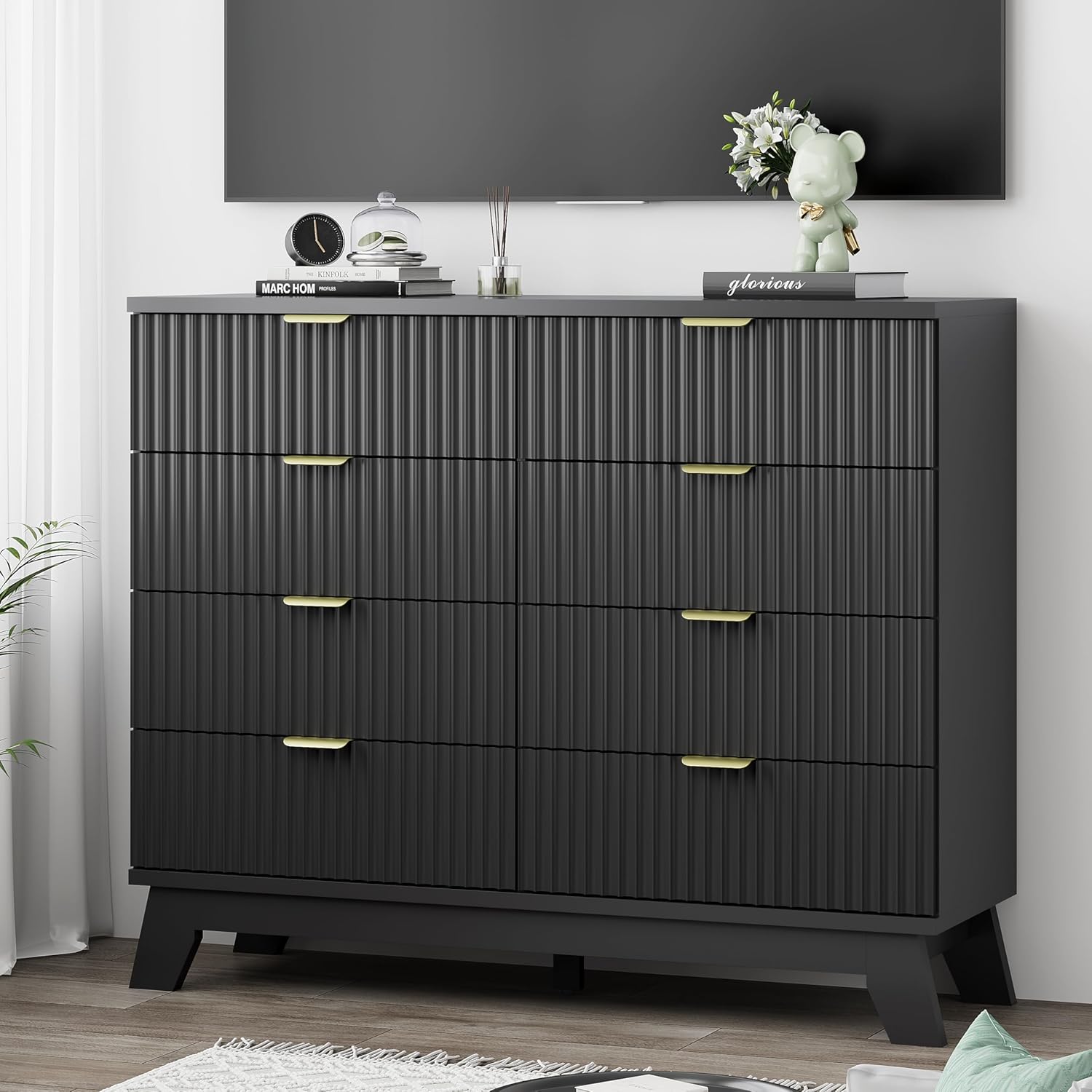 Thumbnail 6 de Xixini HLG049-BK 8-Drawer Fluted Dresser, Black, 47.2-Inch Wide