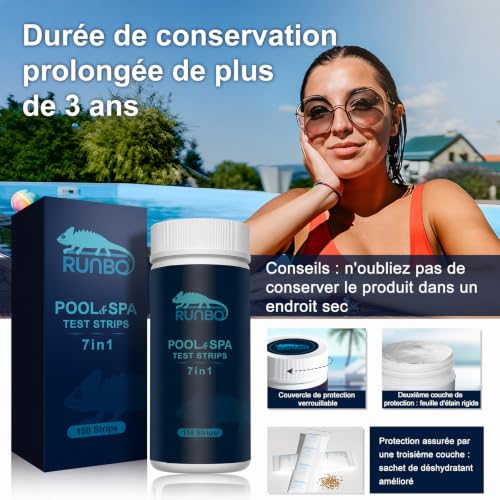 Detalle de RUNBO 7 en 1 Testeur pour Eau de Piscine et Spa – 150 bandes