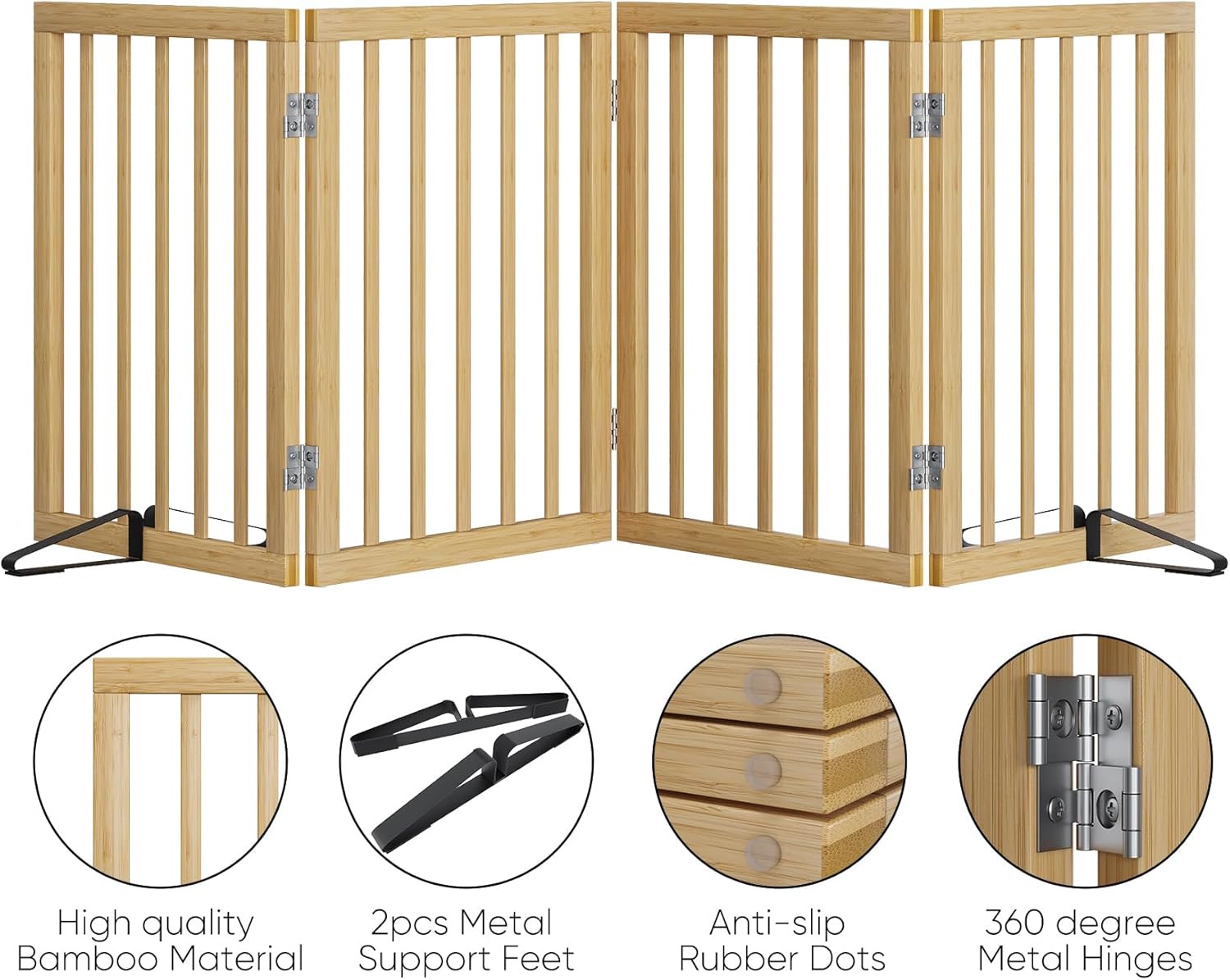 Detalle 2 de Morwdxef Natural Bamboo Freestanding Dog Gate (4 Panels) for Stairs and Doorways