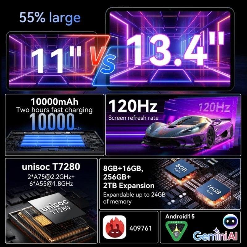 Thumbnail 1 de Tablet TABWEE T60 Pro 5G + WiFi 13,4" 8GB 256GB Negro: rendimiento y movilidad con IA