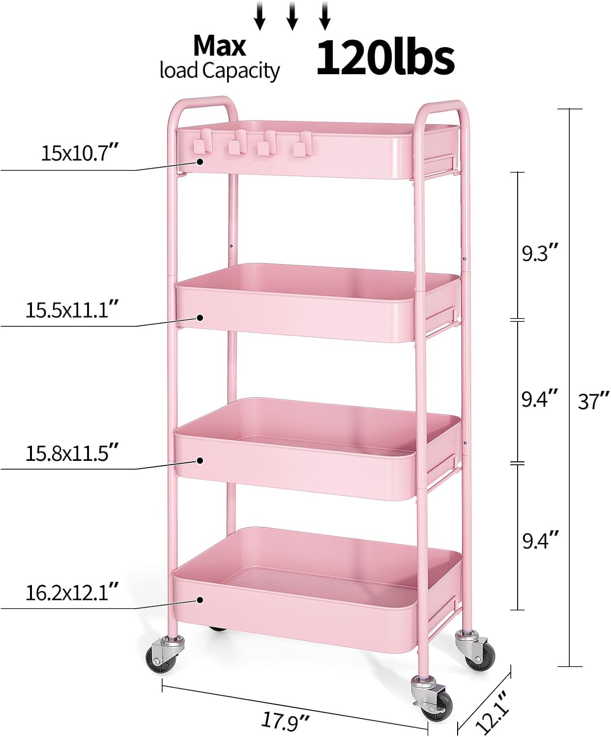 Detalle de TOOLF 13106 4-Tier Metal Rolling Cart, Pink with Locking Wheels