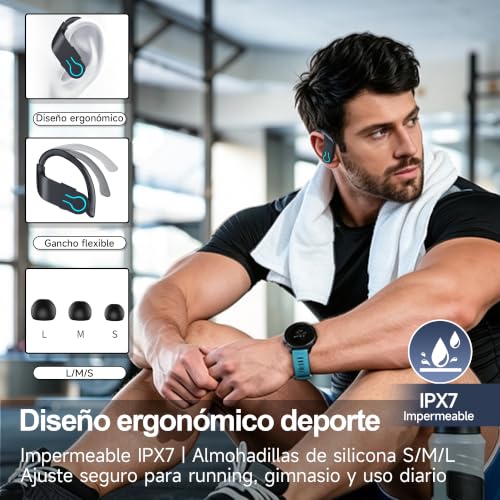 Detalle 2 de Auriculares Inalámbricos Bluetooth Deportivos VNMN con Gancho, IPX7 y 120H de autonomía