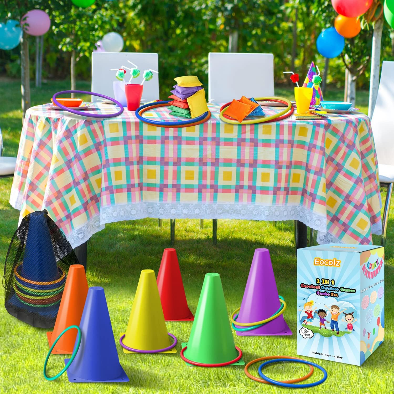 Detalle 2 de Eocolz 3 in 1 Carnival Games Set: 6 Cones, 12 Rings, 12 Bean Bags for Indoor/Outdoor Fun
