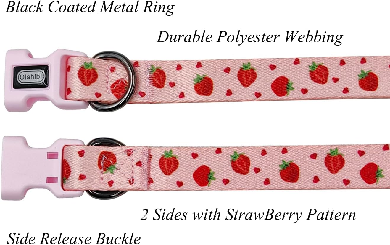 Detalle de Olahibi Strawberry Pattern Dog Collar and Leash Combo Set (XS) – 150cm Leash, Polyester, Small Puppies