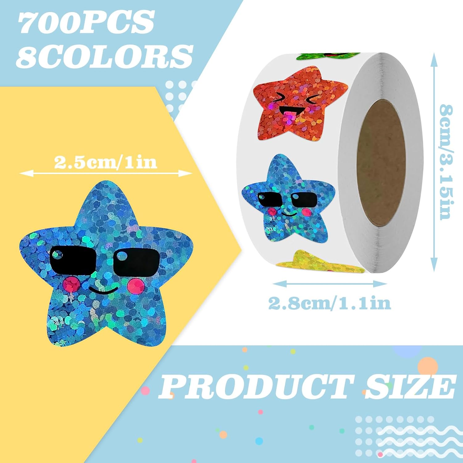 Detalle de XITDW K-O934 Smiley Star Stickers, 700 Count, 1-Inch Foil, 8 Colors