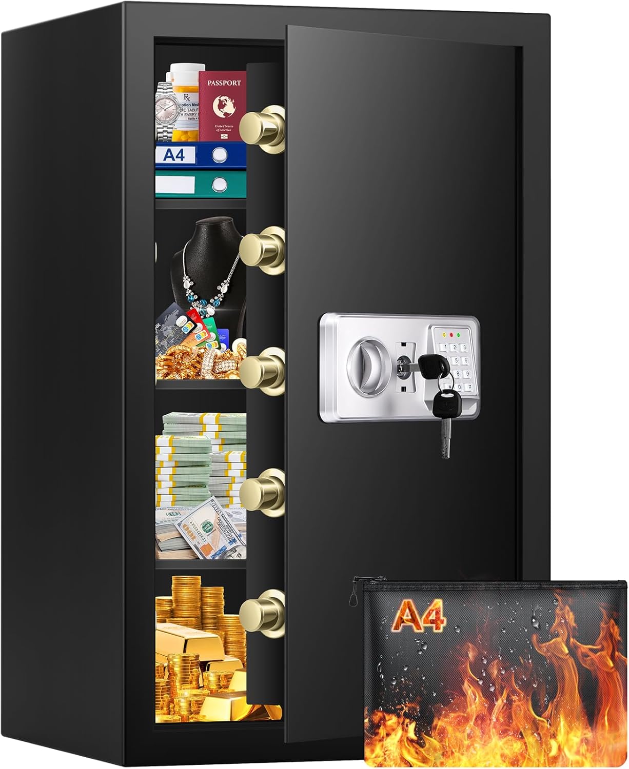 Mejasg Extra Großer Safe 102L: feuerfester Möbeltresor mit Alarmanlage, Dokumententasche und 3 herausnehmbaren Regalfächern